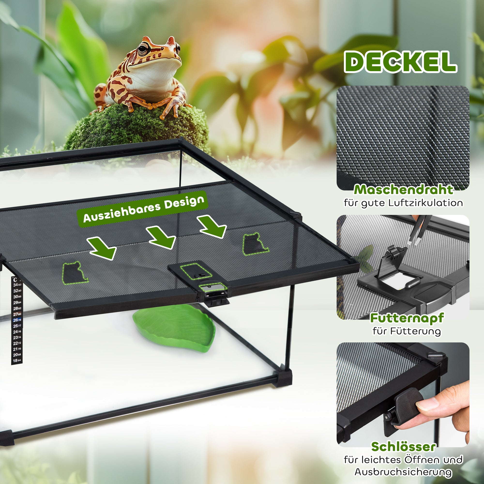 PawHut Reptilienbox Terrarium, inkl. Streifenthermometer, Fütterungsklappen, 50 cm x 30 cm x 25 cm, Glas + Metall, Schwarz