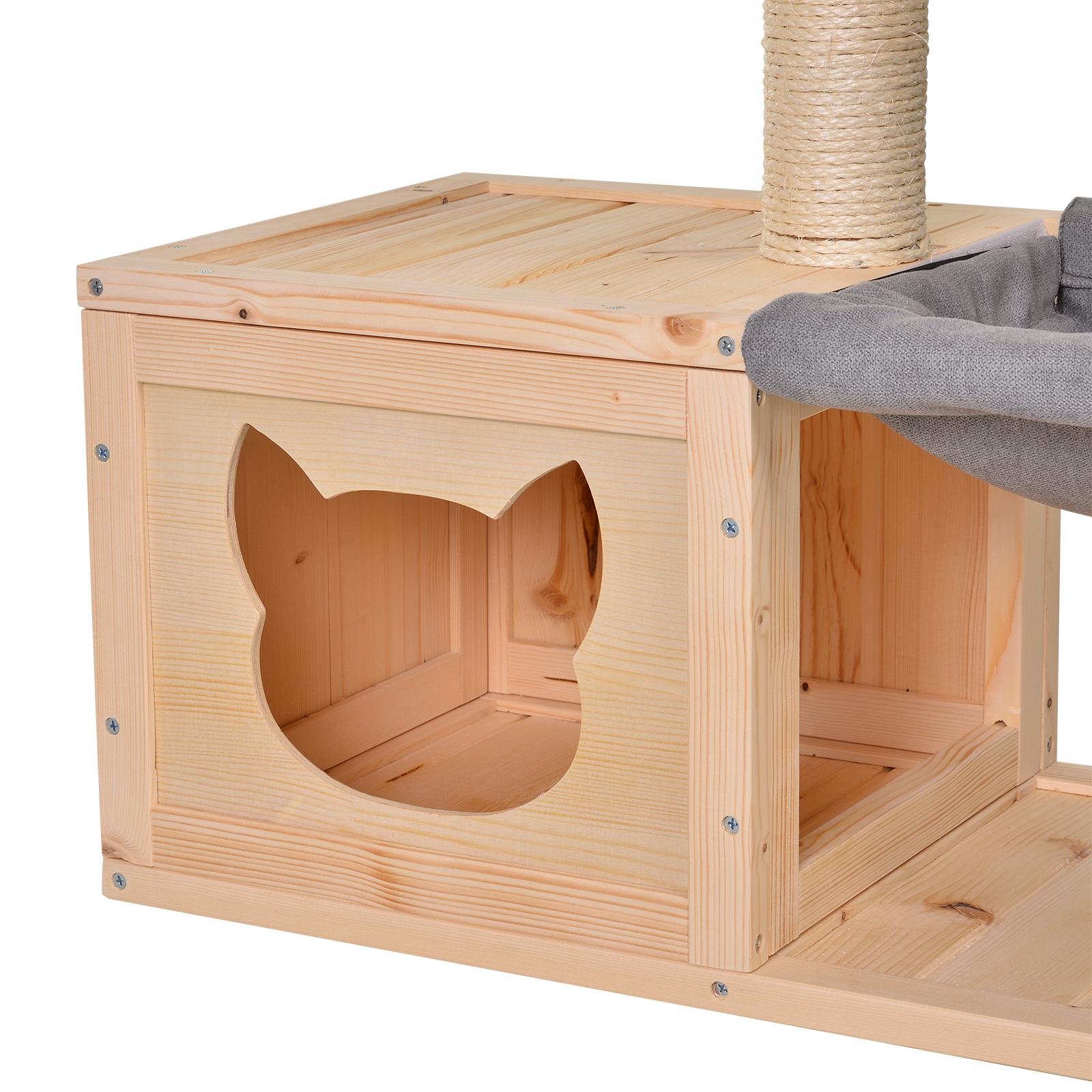 PawHut Katzenhaus mit Hängematte, Katzenkiste mit Sisalstamm, Katzenhöhle, Katzenbaum, Katzenaktivitätszentrum, Tannenholz, Natur, 70 x 35 x 60 cm