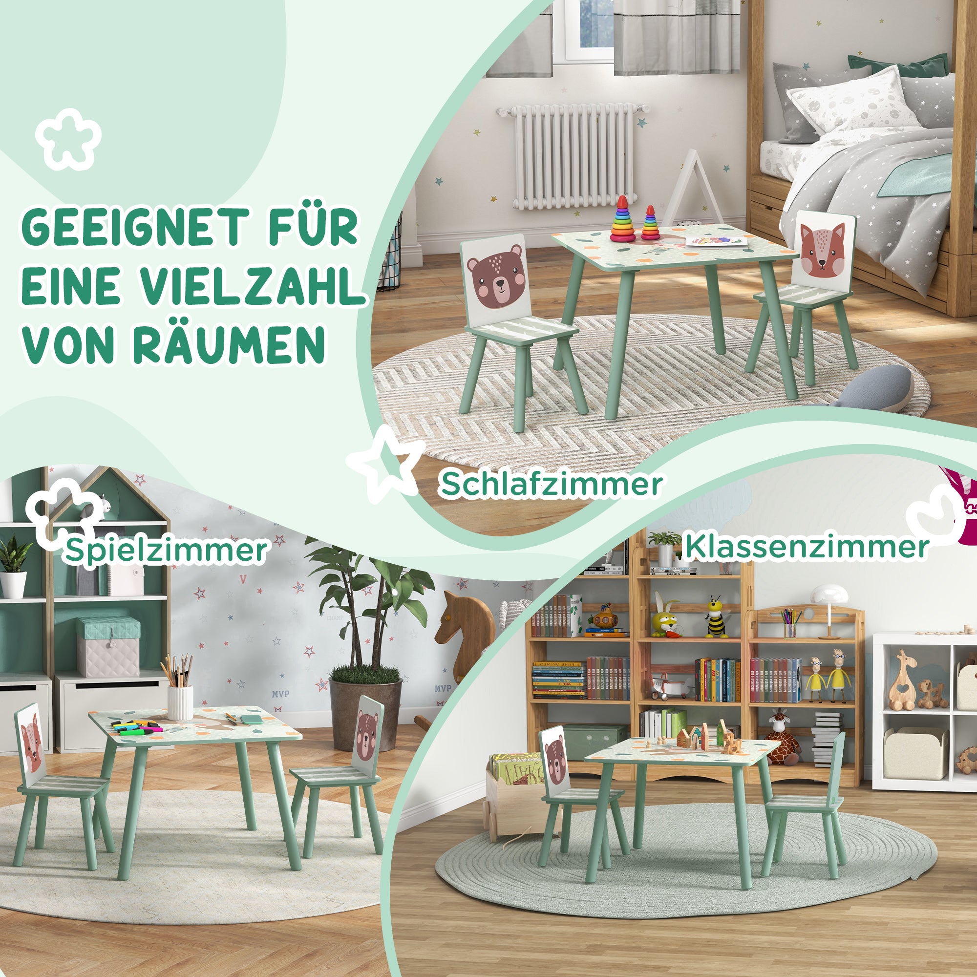 ZONEKIZ Sitzgruppe für Kinder 3-8 Jahre, 1 Tisch & 2 Stühle, niedliches Tiermotiv, Grün
