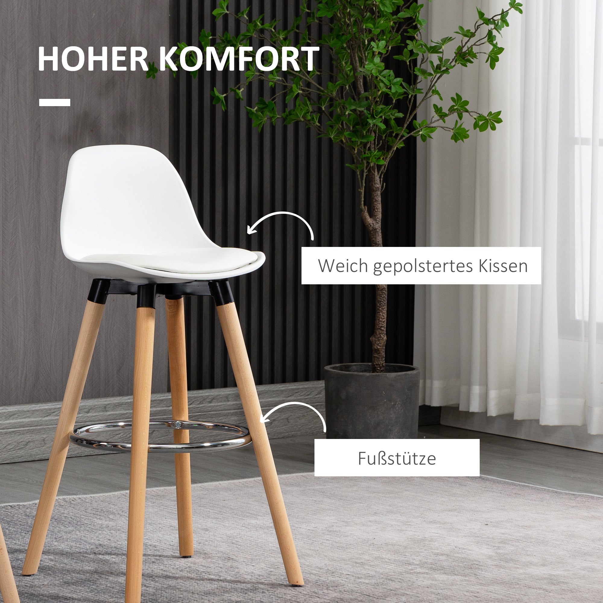 HOMCOM 2er-Set Barhocker Barstühle Skandi-Design, Fußtstütze, 38,5 cm x 42,5 cm x 91 cm, Natur + Weiß