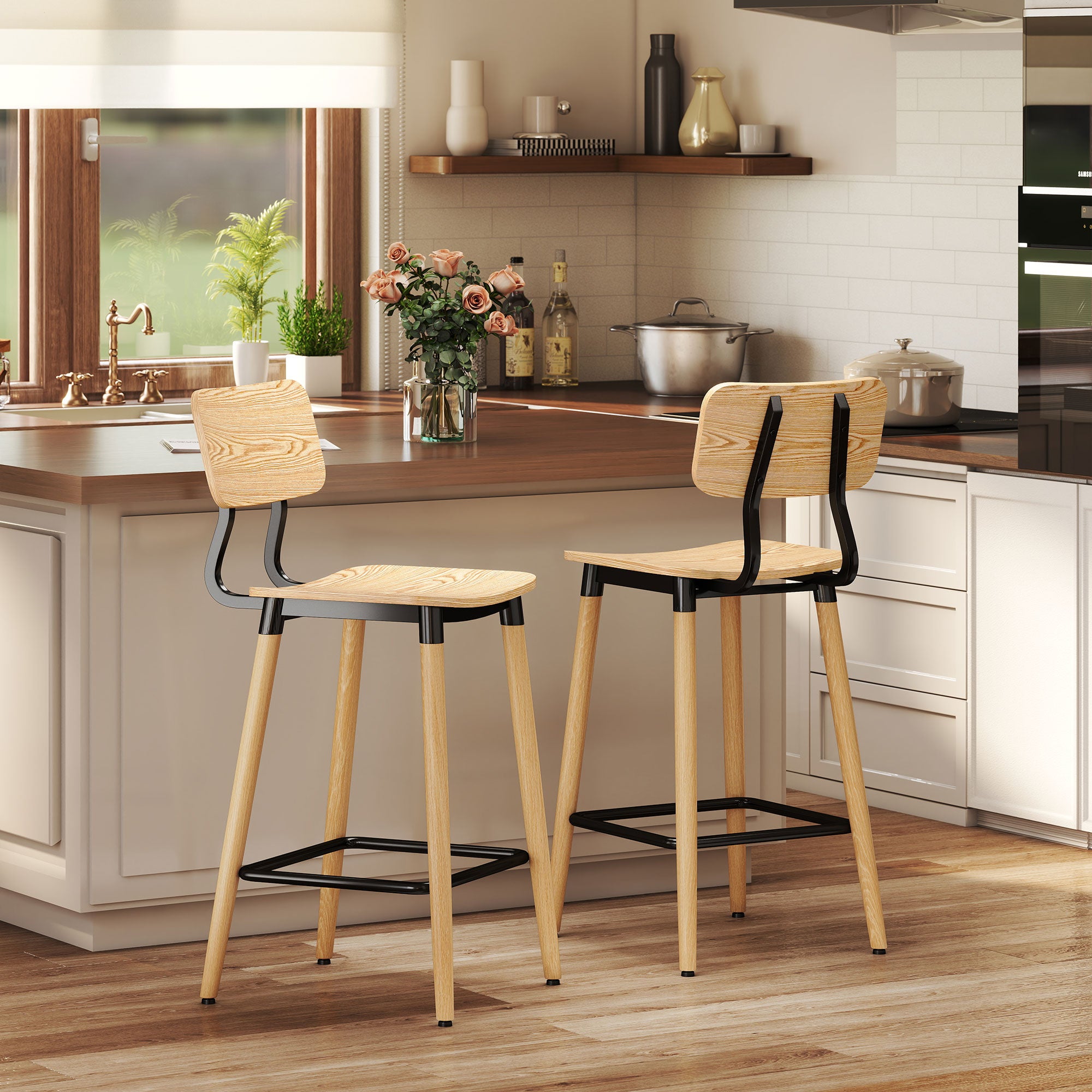HOMCOM 2er-Set Barhocker mit Rückenlehne, Barstühle für Hausbar, Kücheninsel, Esszimmer, Holz, Metall, Hellbraun