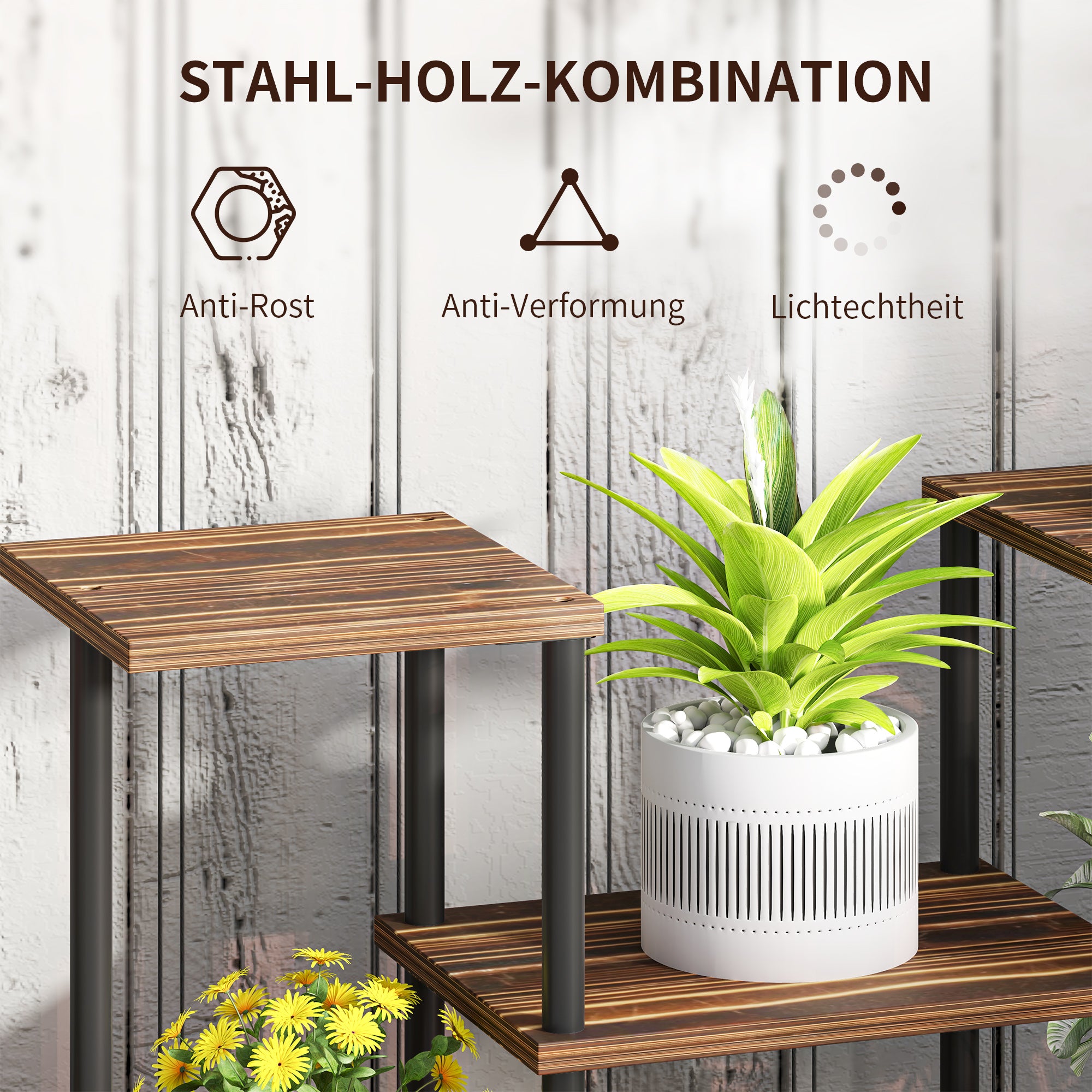 Outsunny Blumenständer mit 4 Ebenen, 4-stufiger Pflanzenständer, Blumentopfhalter für drinnen und draußen, Holz, Stahl