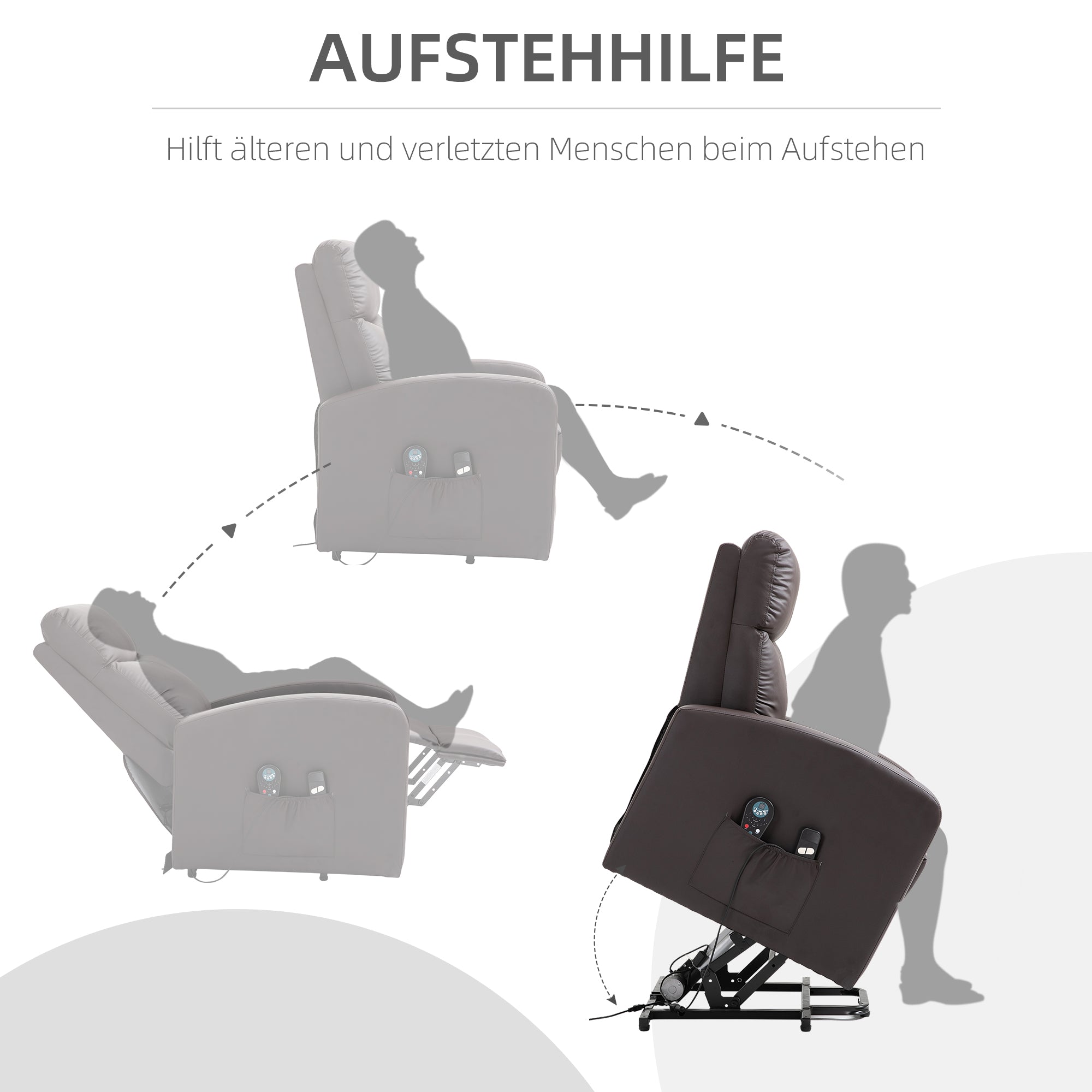 HOMCOM Massagesessel mit Aufstehhilfe, Relaxsessel, Liegesessel, Kopfstütze, 8 Vibrationspunkte, 2 Fernbedienungen, Braun