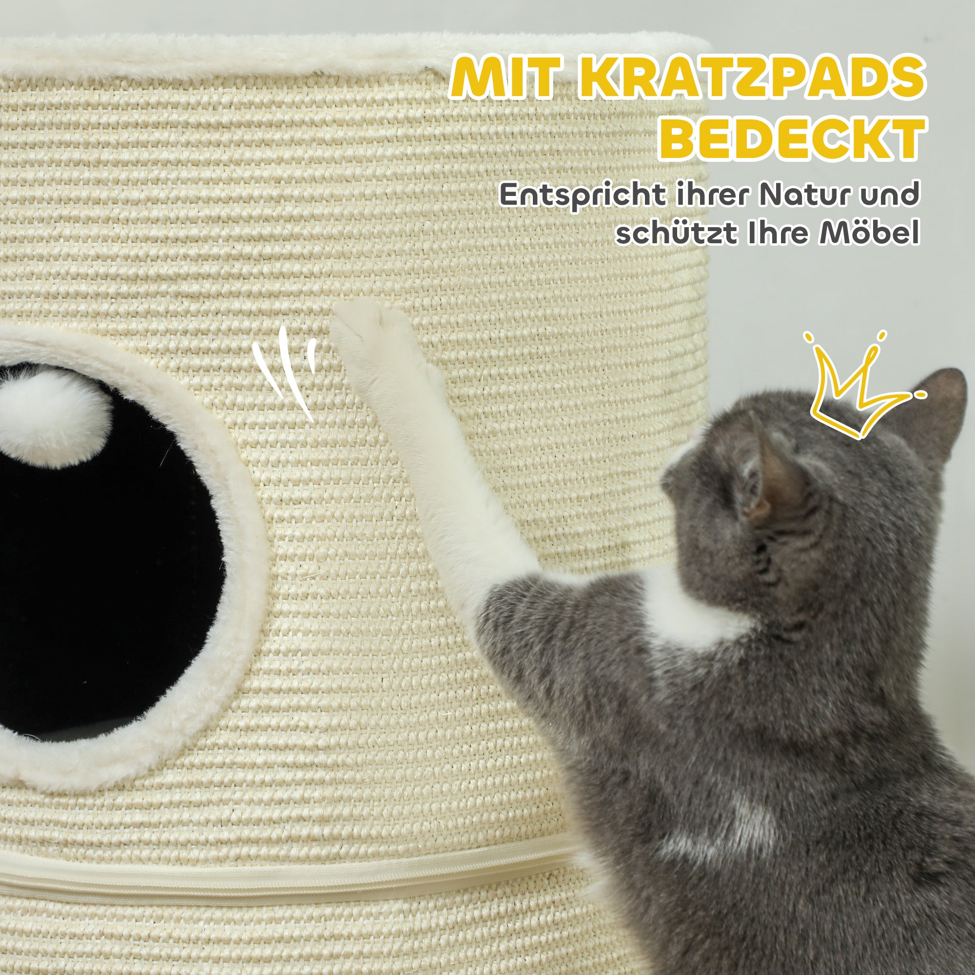 PawHut Kratztonne, 3 Ebenen, mit Kissen, Kratzmatte, Spielbällen, Katzenhaus für Innenbereich, Cremeweiß