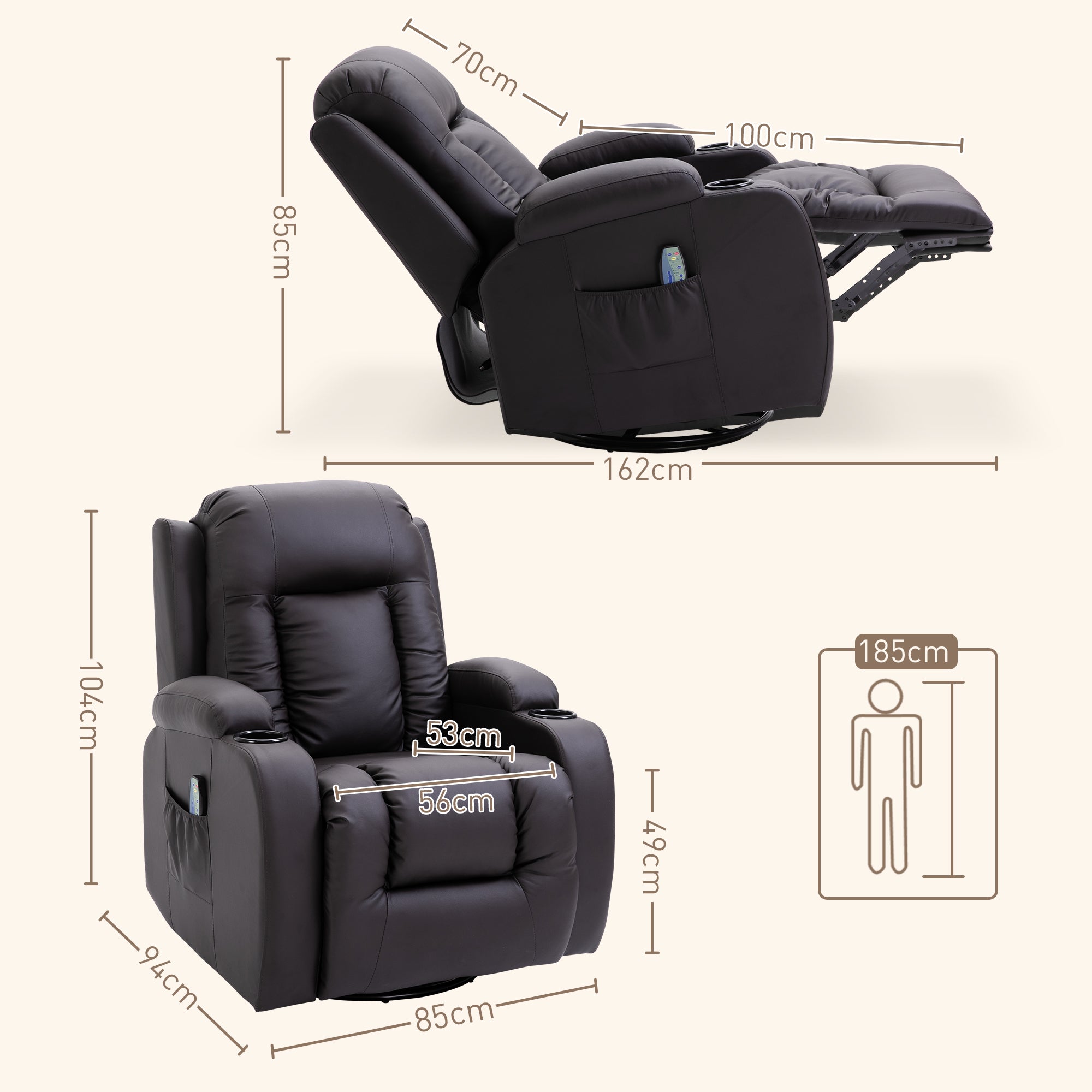 HOMCOM Massagesessel, Relaxsessel, Wippfunktion, 8 Vibrationspunkte, inkl. Fernbedienung, Braun
