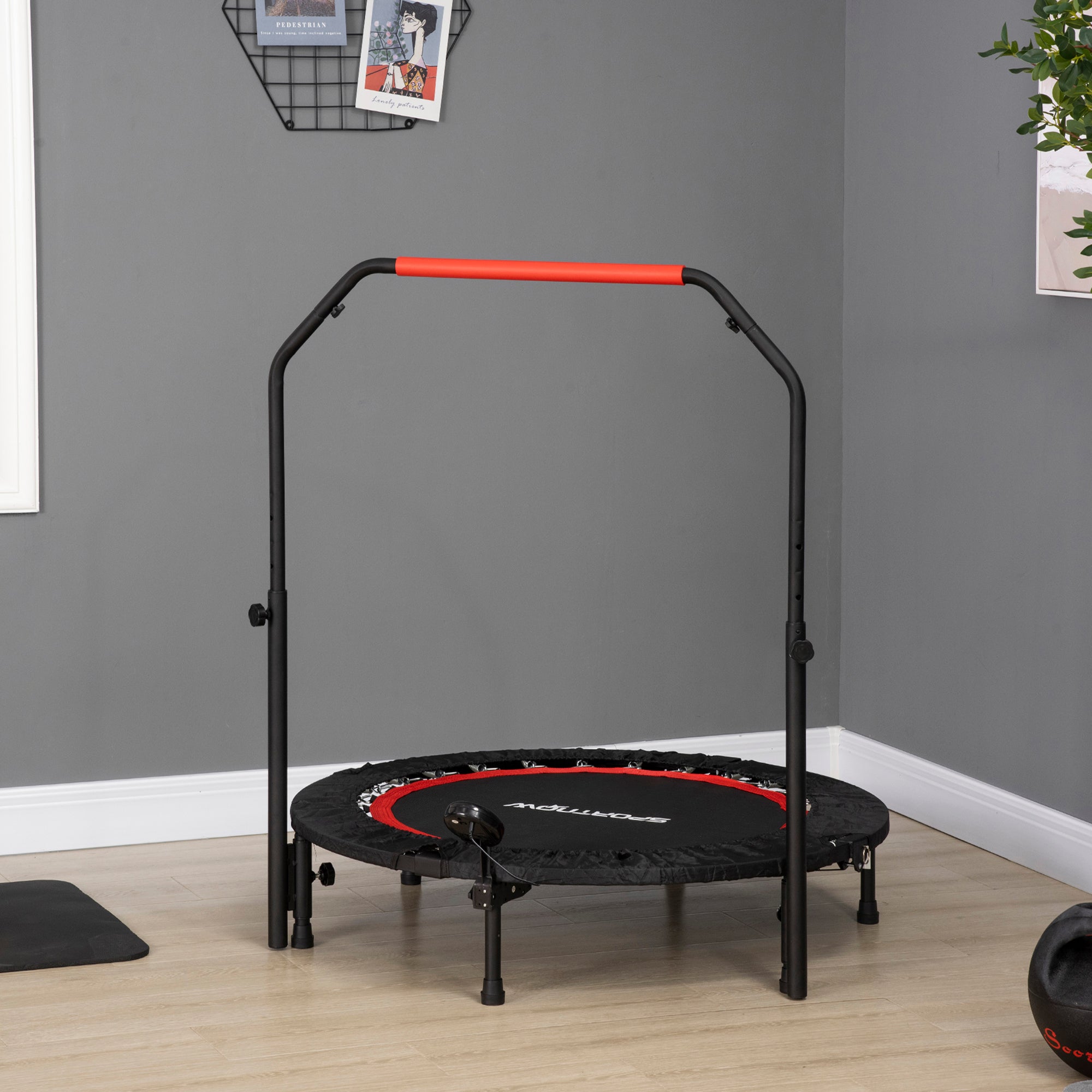 SPORTNOW Mini-Trampolin, mit höhenverstellbarem Haltegriff, LCD-Monitor, Stahl, schwarz+rot, Ø102 x 99-123cm