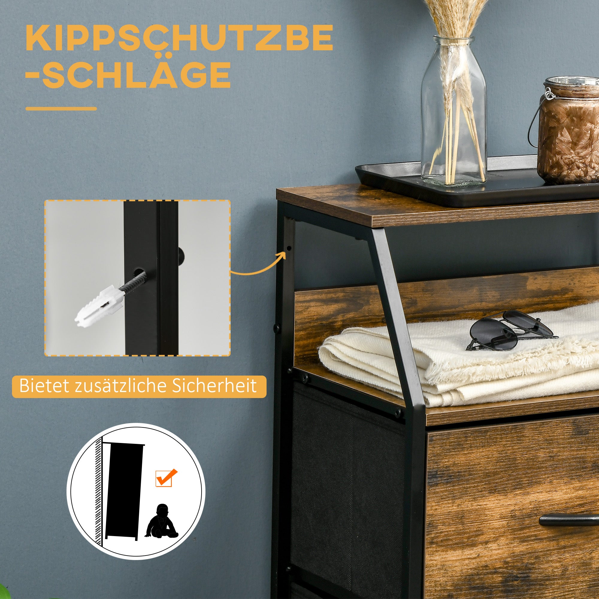 HOMCOM Aufbewahrungsschrank, Stoffschubladen, MDF-Regale, Stahlrahmen, Braun