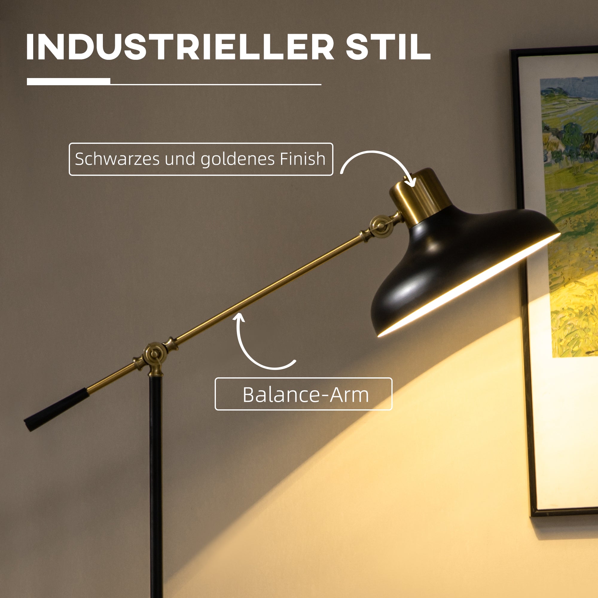 HOMCOM Stehlampe im Industriedesign, Stehlampe, Emaille, flexibles Gestell, Fußschalter, Schwarz + Gold