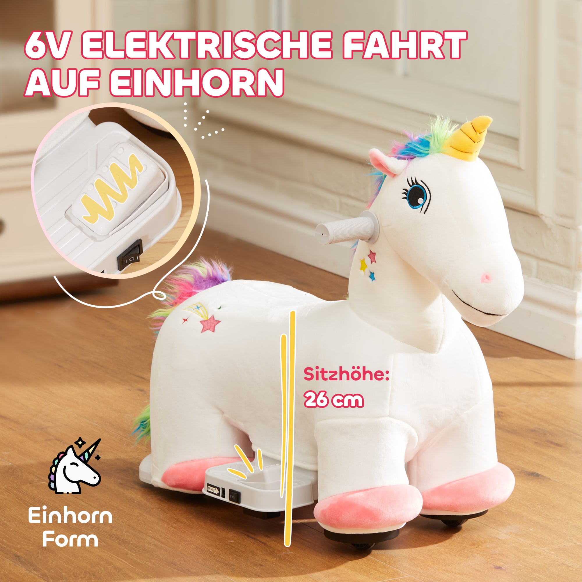 AIYAPLAY 6V Elektrisches Reiteinhorn für Kinder, Batteriebetrieb, Mit Musikfunktion und Vorwärtsbewegung, 18-36 Monate, Weiß