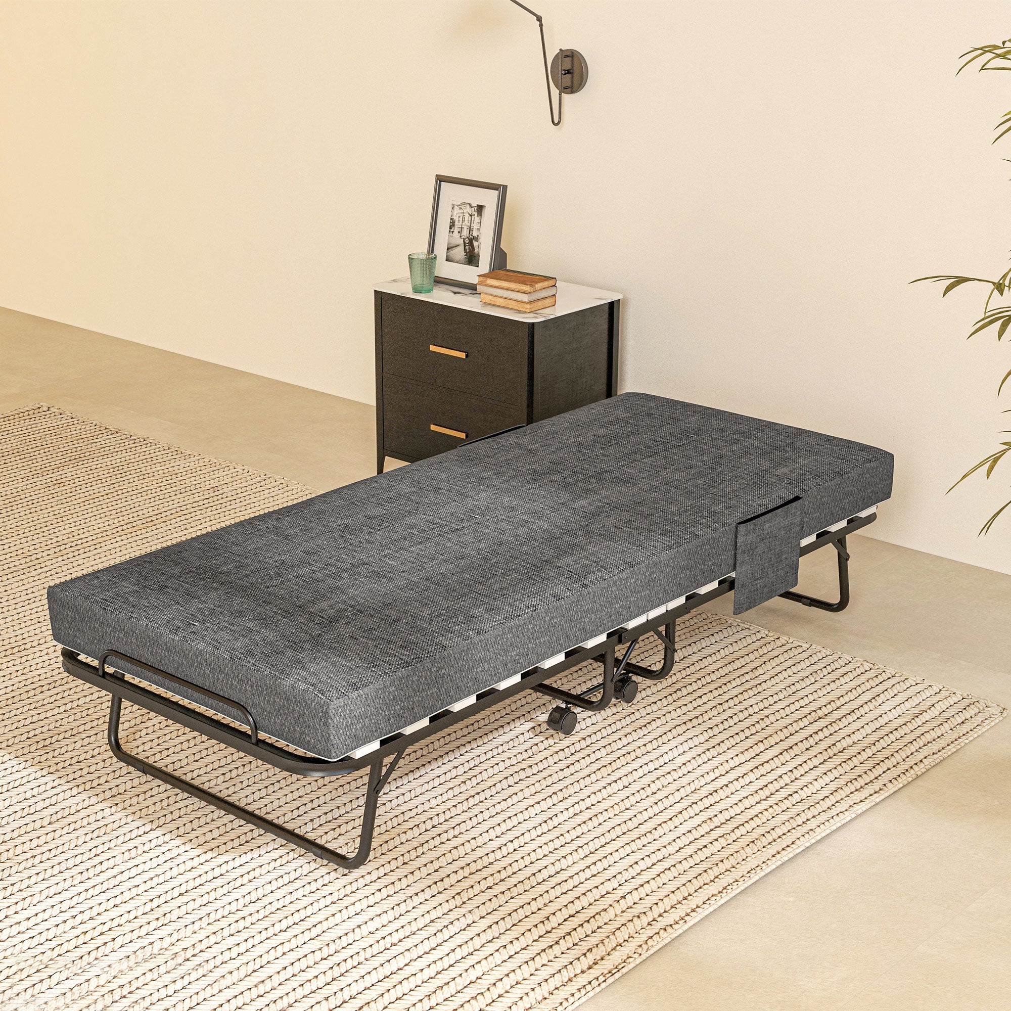 HOMCOM Klappbett, Matratze, 4 Rollen, Metallgestell, bis 150 kg, 190 x 80 x 42 cm, Dunkelgrau
