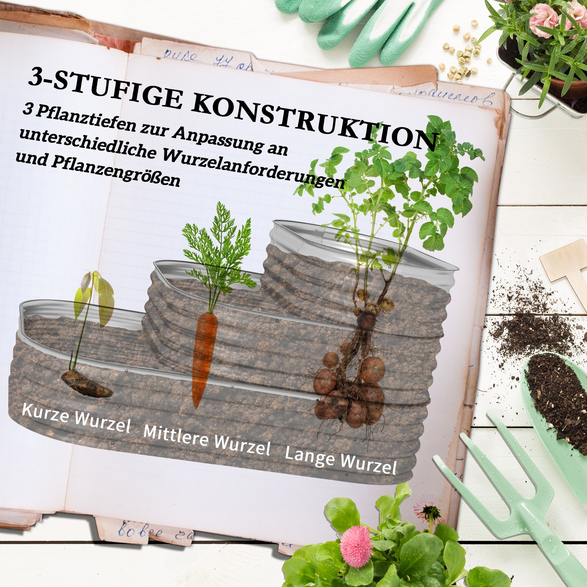 Outsunny Hochbeet Outdoor-Blumentreppe Pflanzkasten, 3 Stufen, 158 cm x 109 cm x 82 cm, Silber