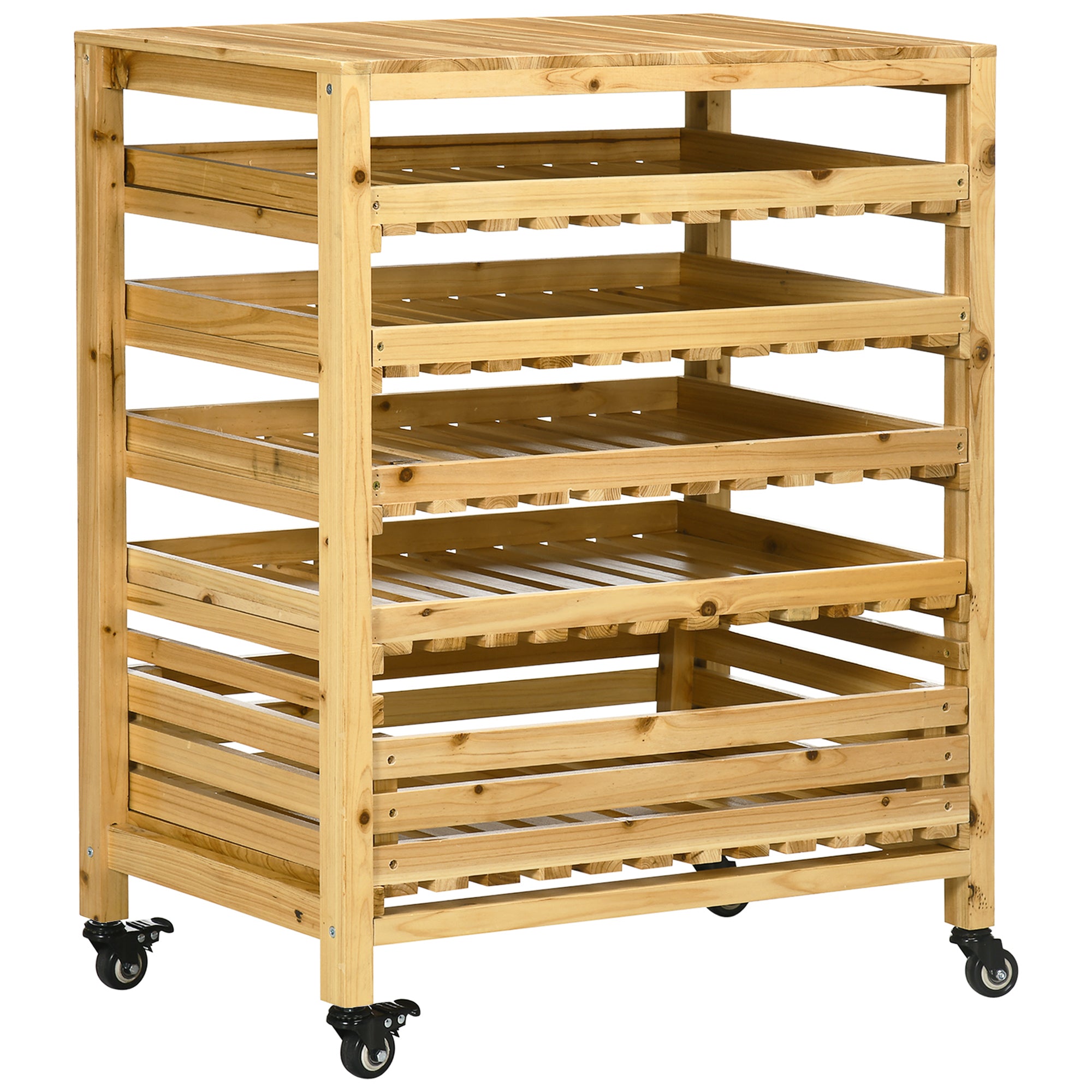 Outsunny Gemüsehorde mit 5 Regalen, Obstkiste, Gemüsekiste, wetterbeständig, 4 Rollen, 73 cm x 45 cm x 91 cm, Natur