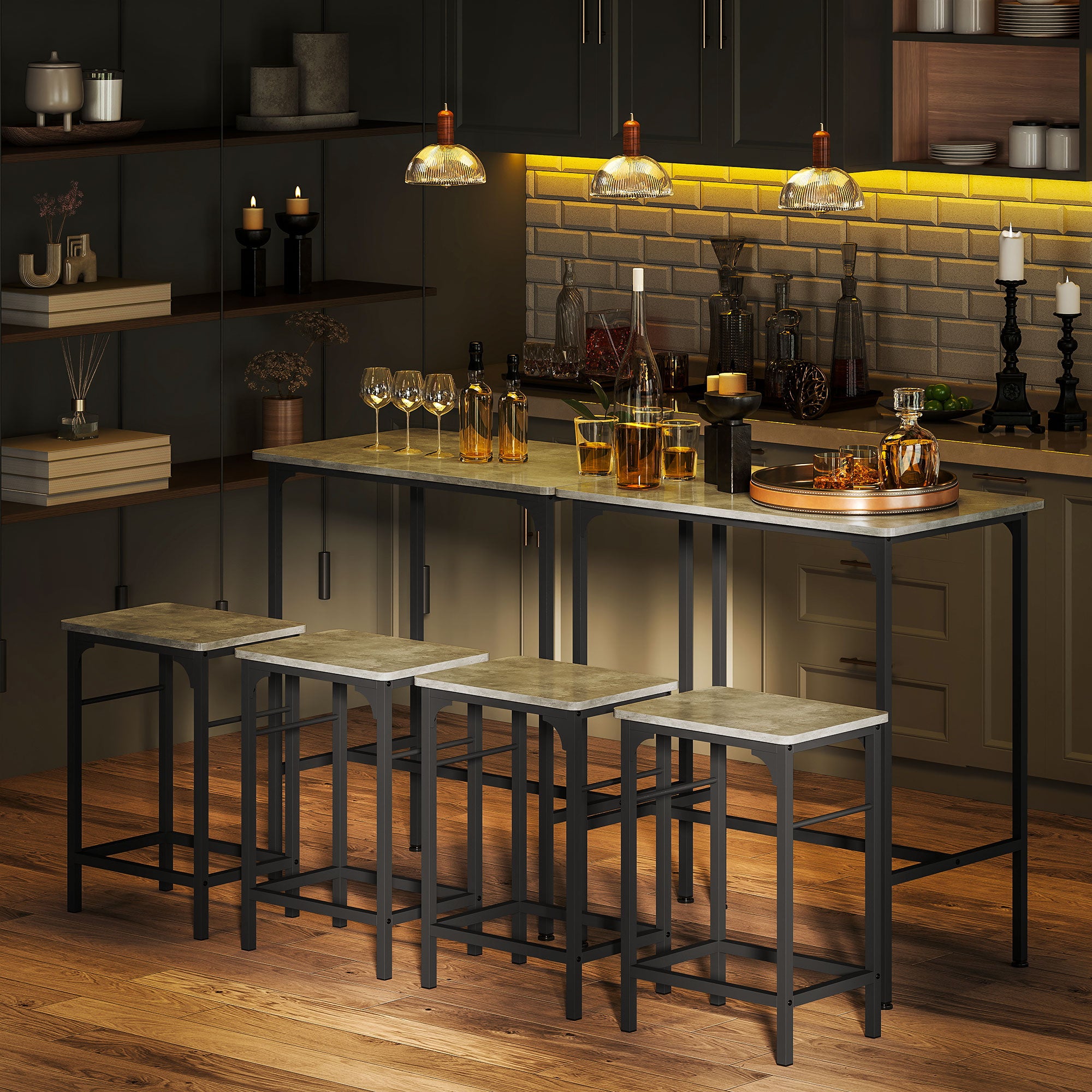 HOMCOM Bartisch Set Bartisch mit Barhocker-Set Esstisch mit 2 Stühlen mit Rutschfestem Fußpolster Grau