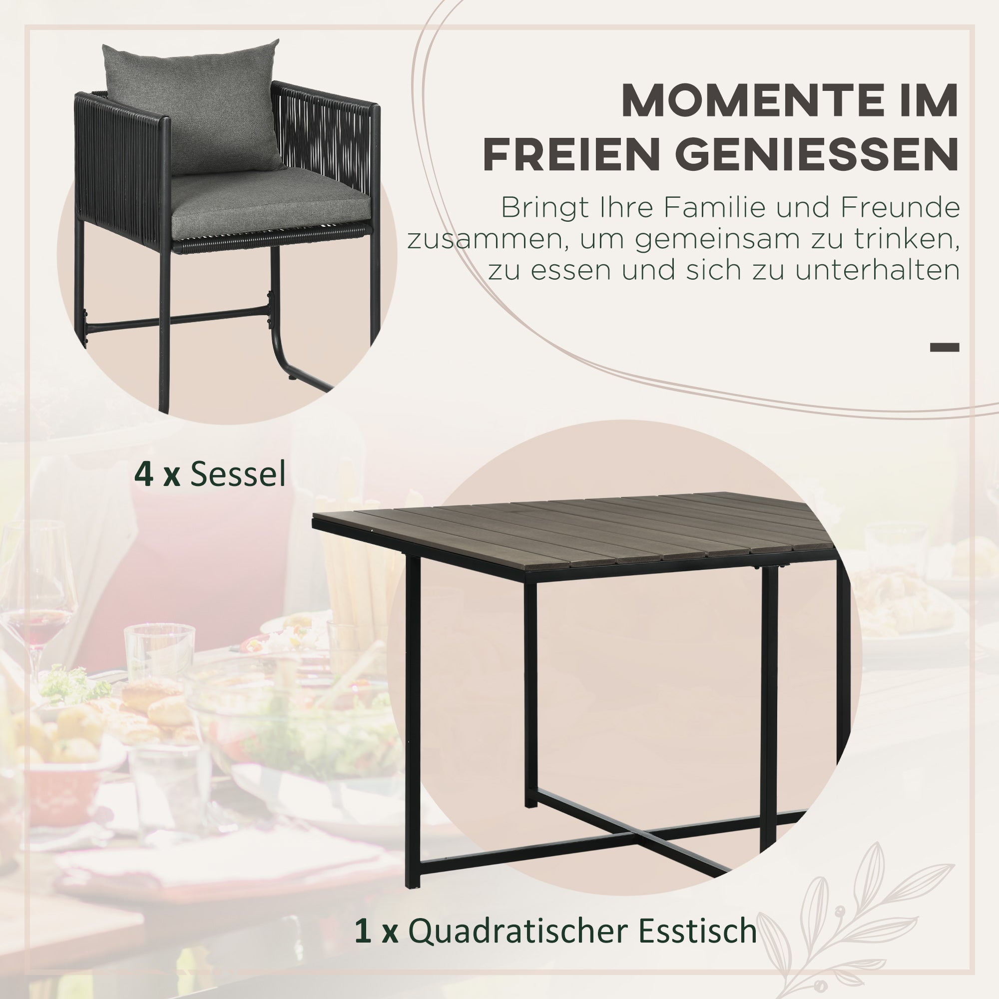 Outsunny Outdoor Essgruppe, Gartengarnitur, 5-teilig, Polyrattan, Sitzkissen, wetterfest, Schwarz/Grau