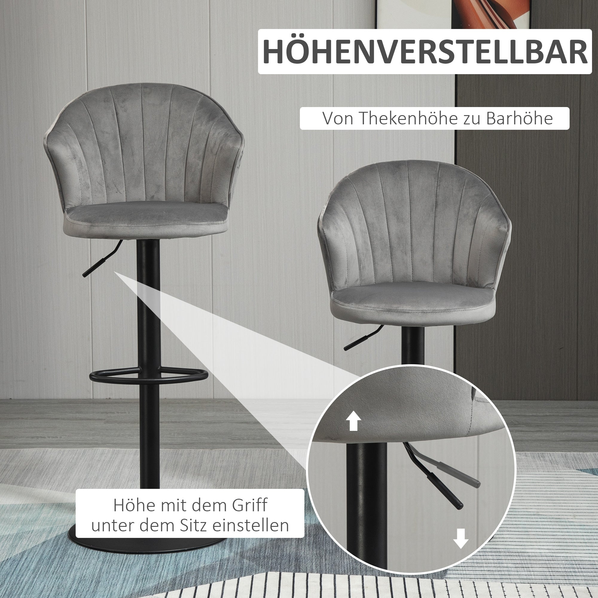 HOMCOM 2er-Set Barhocker drehbare Barstühle mit Lehne Samt Touch Bistrohocker höhenverstellbarer Tresenhocker armloser Schaumstoff Grau 54 x 56 x 91-111 cm