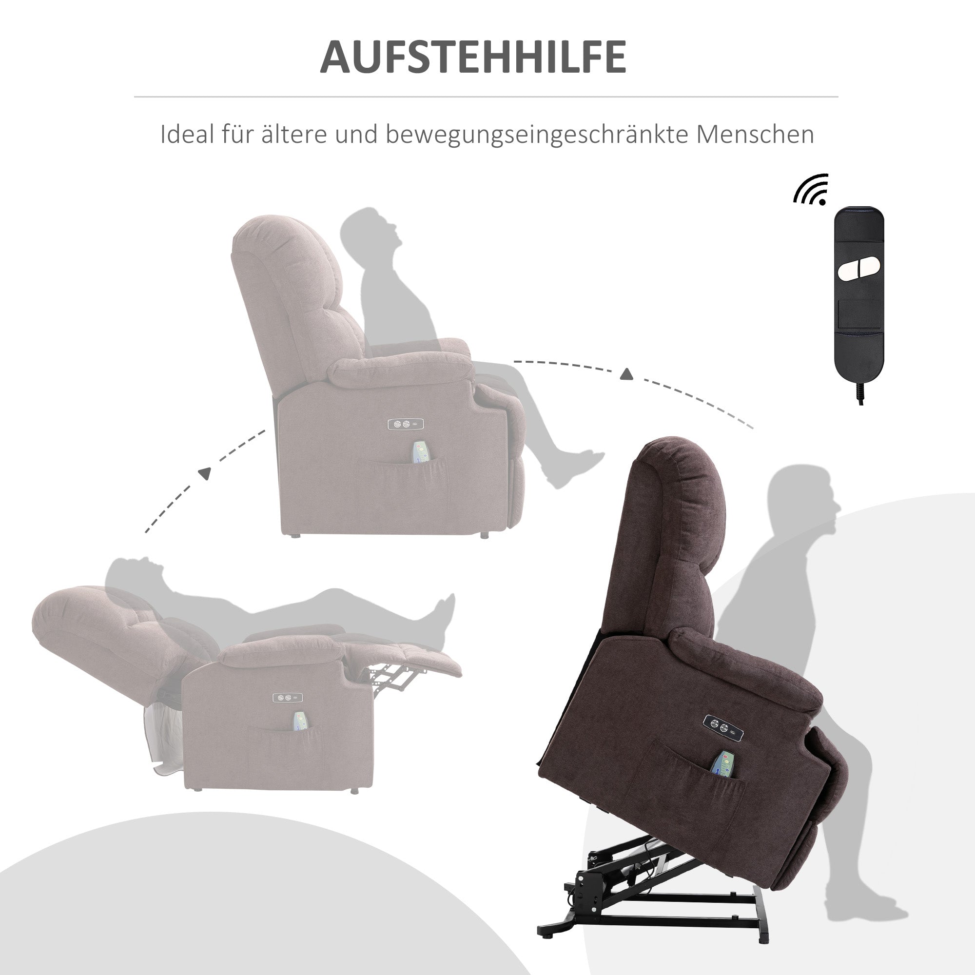 HOMCOM Massagesessel mit Aufstehhilfe, Relaxsessel mit Aufstehhilfe, inkl. Fernbedienung, USB-Schnittstelle, Braun