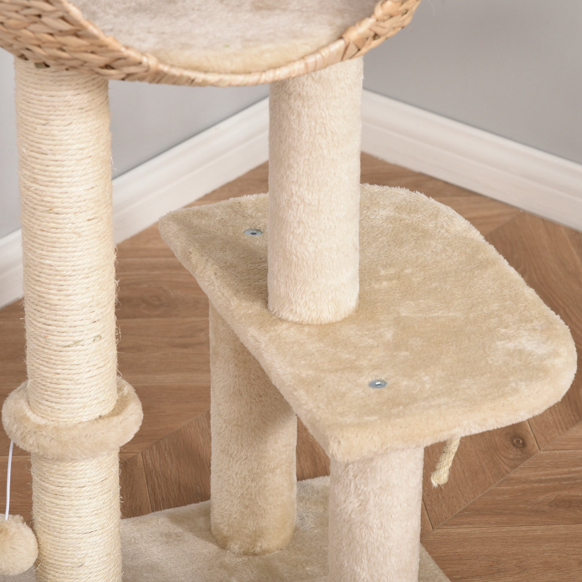 PawHut Kratzbaum 100 cm Katzenturm mit Höhle, Spielball, Sisalstämme, Plattform, mehrstöckiger Katzenkratzbaum, Kletterbaum, für mittelgroße Katzen, Beige