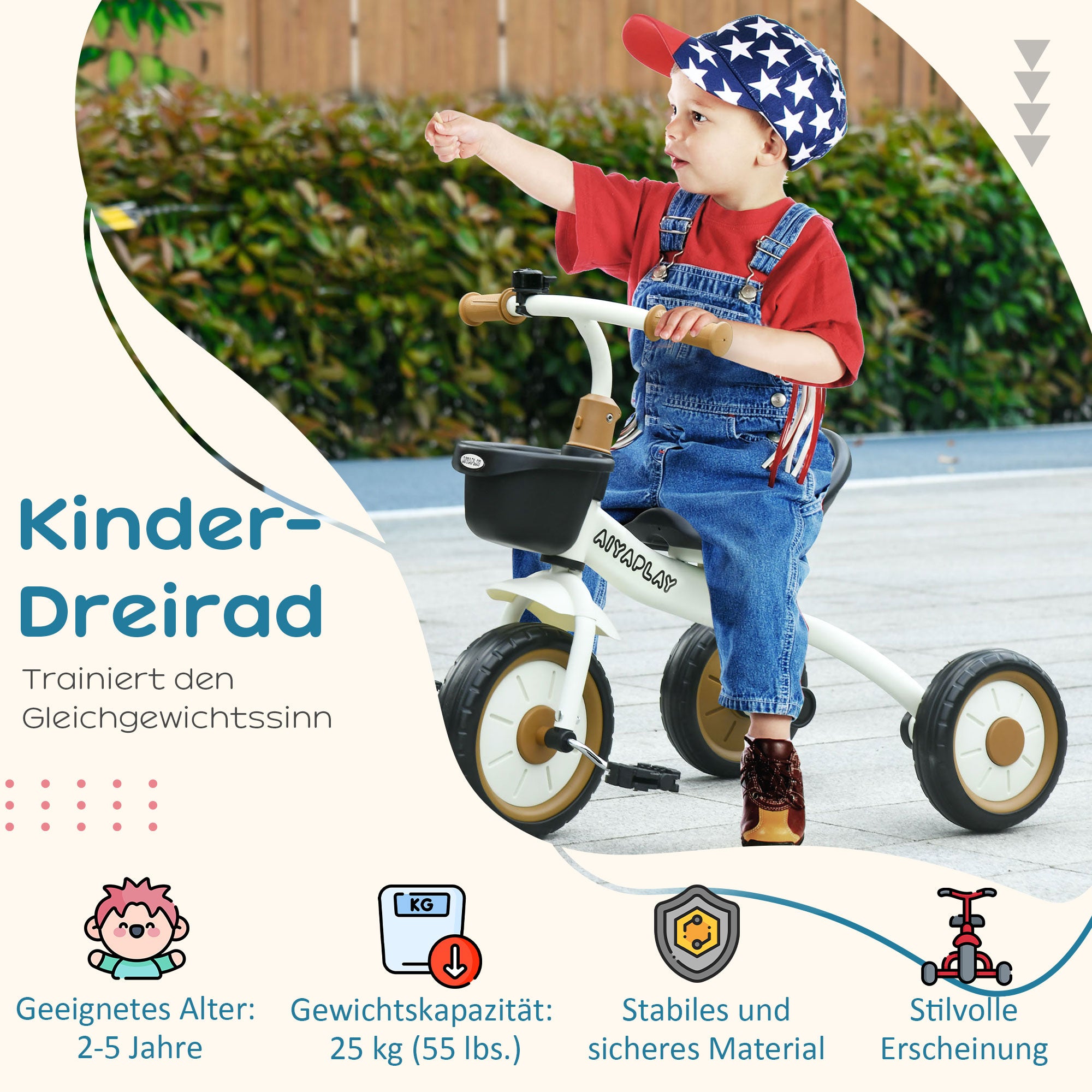 AIYAPLAY Dreirad für Kinder 2-5 Jahre, höhenverstellbarer Sitz, Klingel, Fahrradkorb, Metallrahmen, Weiß