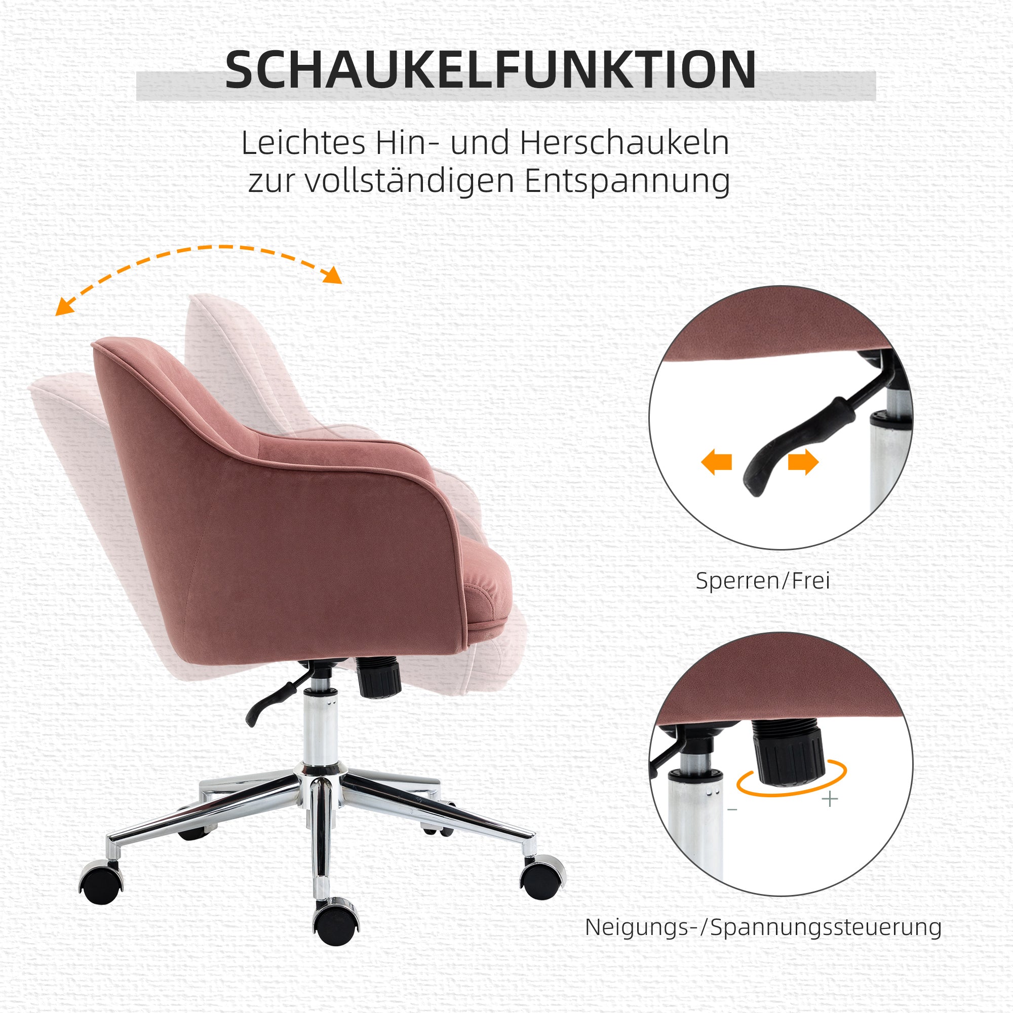 Vinsetto Schreibtischstuhl mit Knopfheftung, höhenverstellbar, Wippfunktion, Samtoptik, 61 cm x 59 cm x 90,5 cm, Altrosa