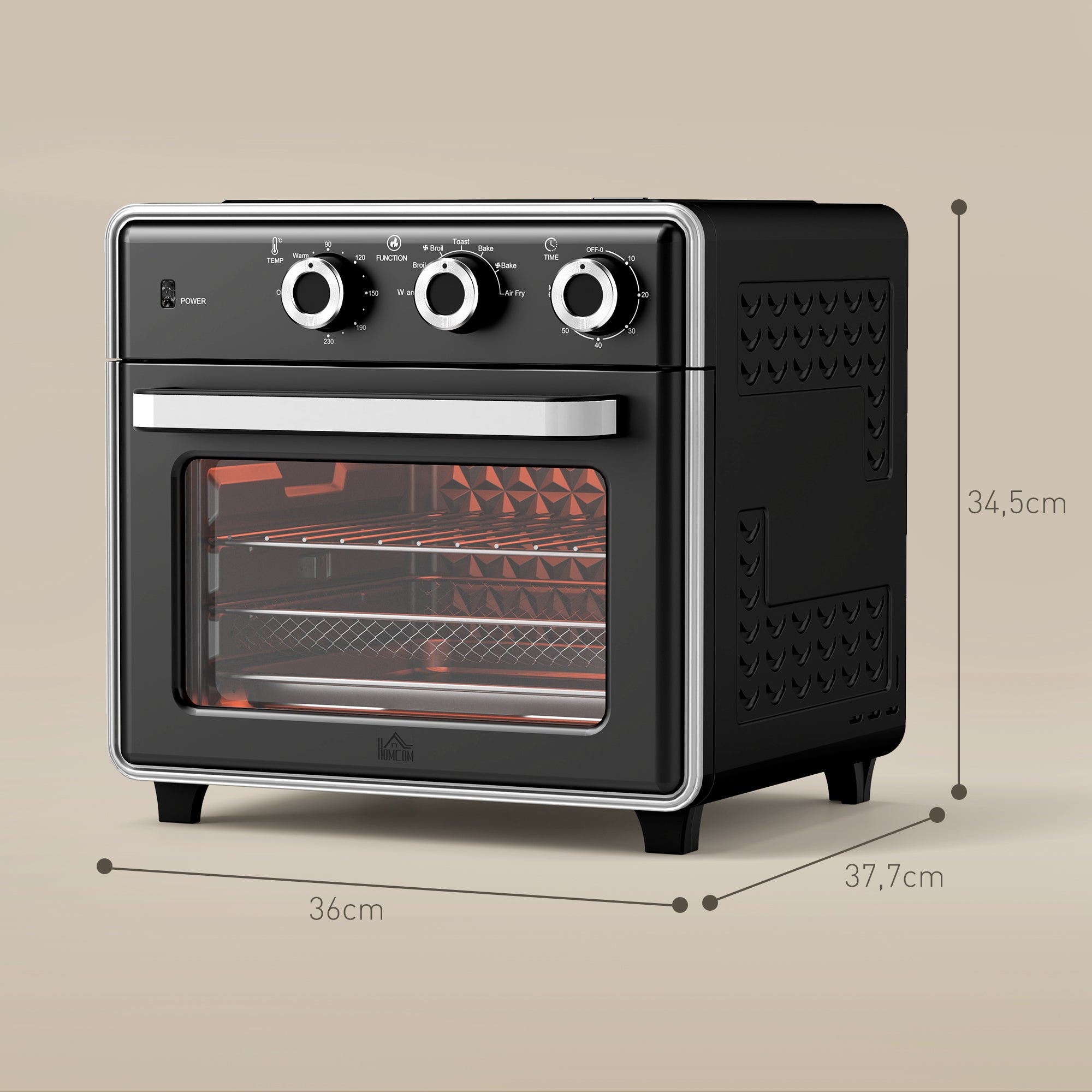 HOMCOM Minibackofen, 20L, 5 Funktionen, 360° Heißluft, Grillrost, Krümelblech, Schwarz