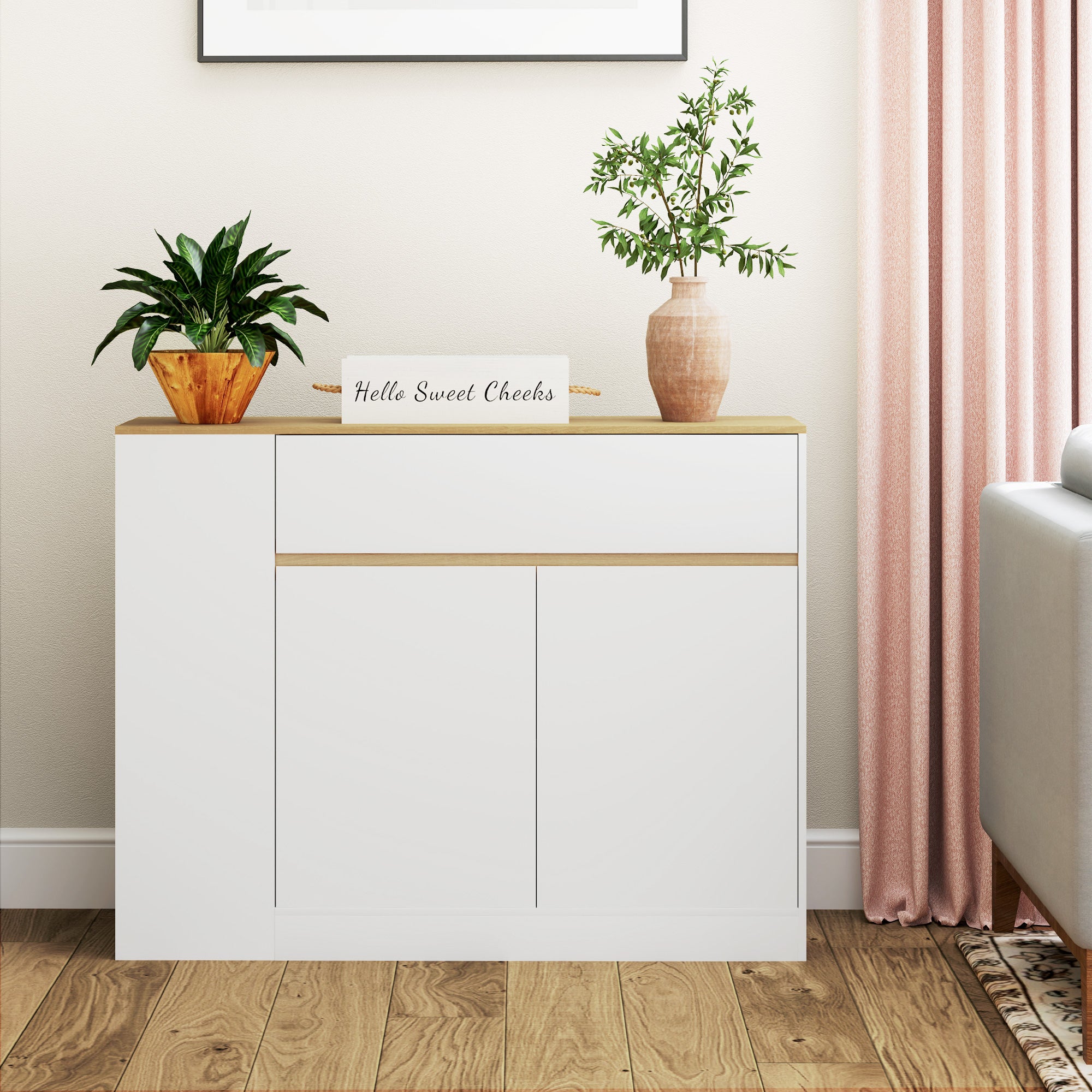 HOMCOM Sideboard, großes Schrankfach, 3 Ablagefächer, Schublade, 105 x 30 x 81,5cm, Weiß/Holz