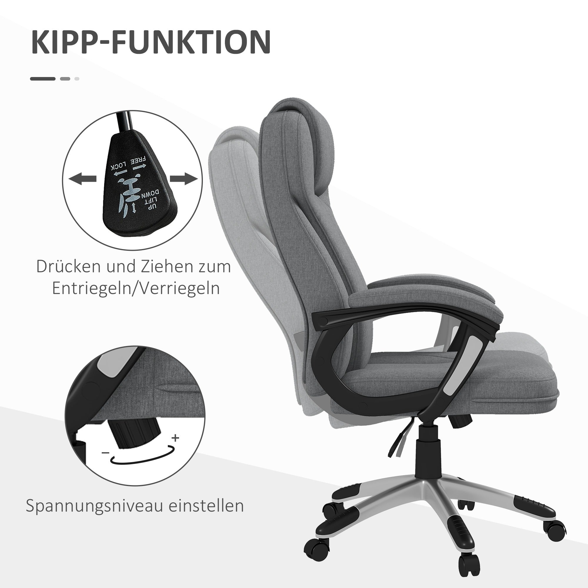 Vinsetto Bürostuhl Schreibtischstuhl Chefsessel, höhenverstellbar, Wippfunktion, 6 cm x 75 cm x 120 cm, Grau