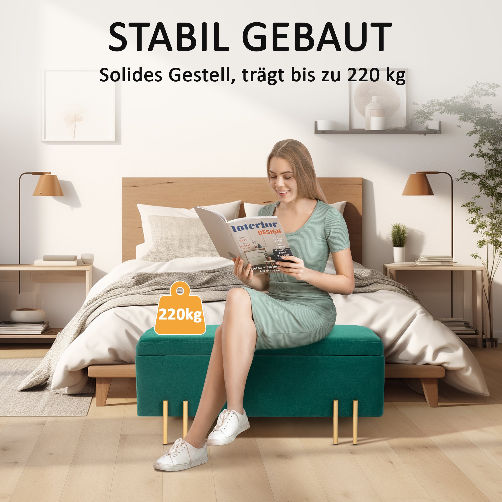 HOMCOM Sitzbank, Polsterbank mit Stauraum, Metall, Kautschukholz, Schaumstoff, 100 x 40 x 42 cm, Grün