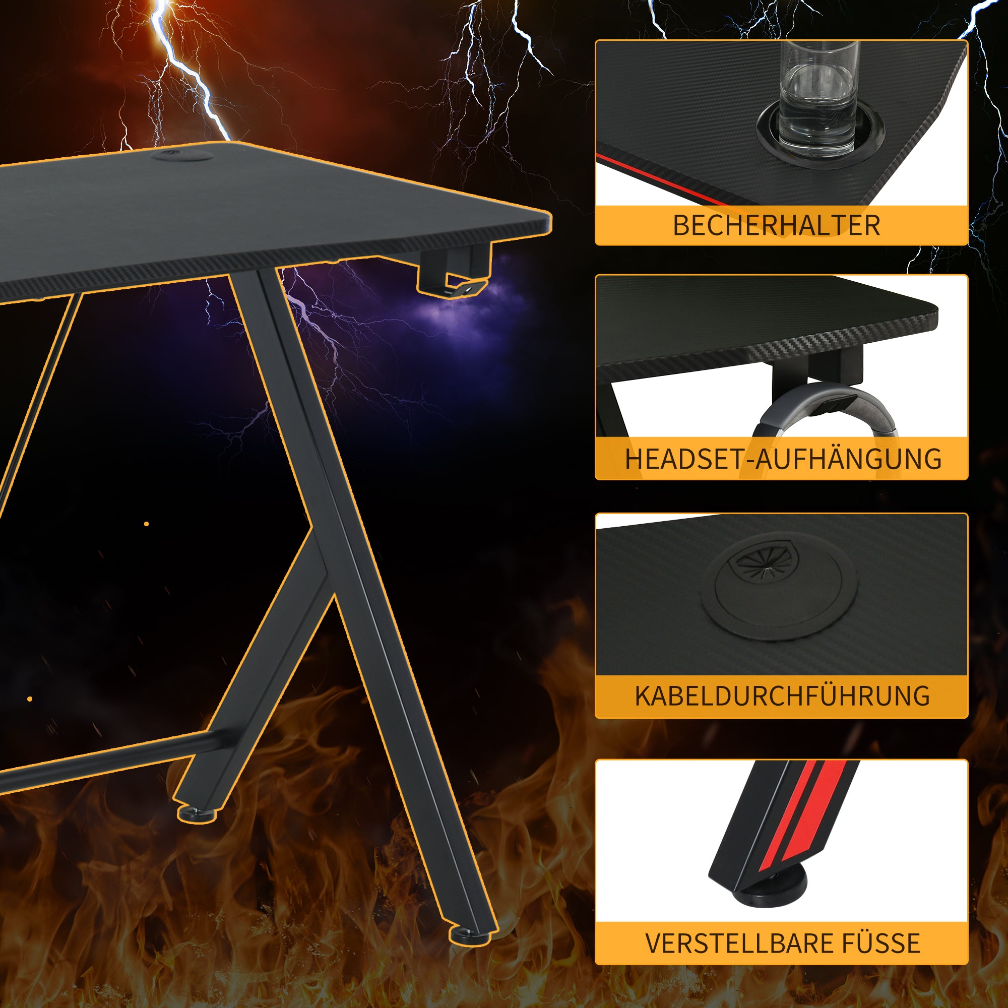 HOMCOM Gaming-Tisch Schreibtisch mit Kopfhörerhaken Getränkehalterung Computertisch Stahl + MDF Schwarz 105 x 55 x 75 cm