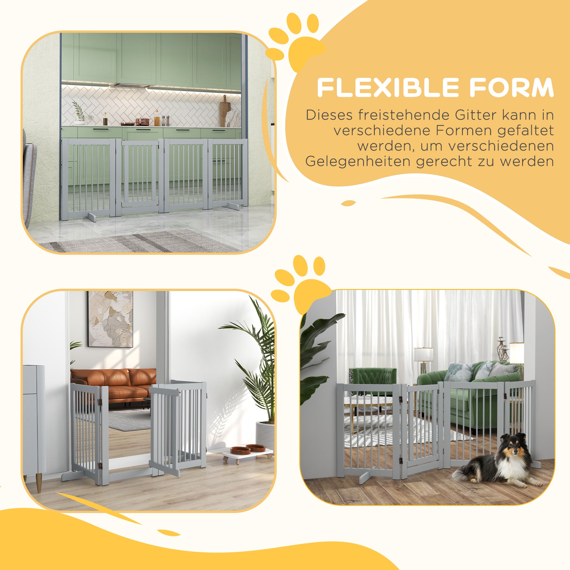 PawHut Freistehendes Hundegitter, 4 Paneele, flexibel, Kiefernholz, 204L x 36B x 75H cm, Hellgrau