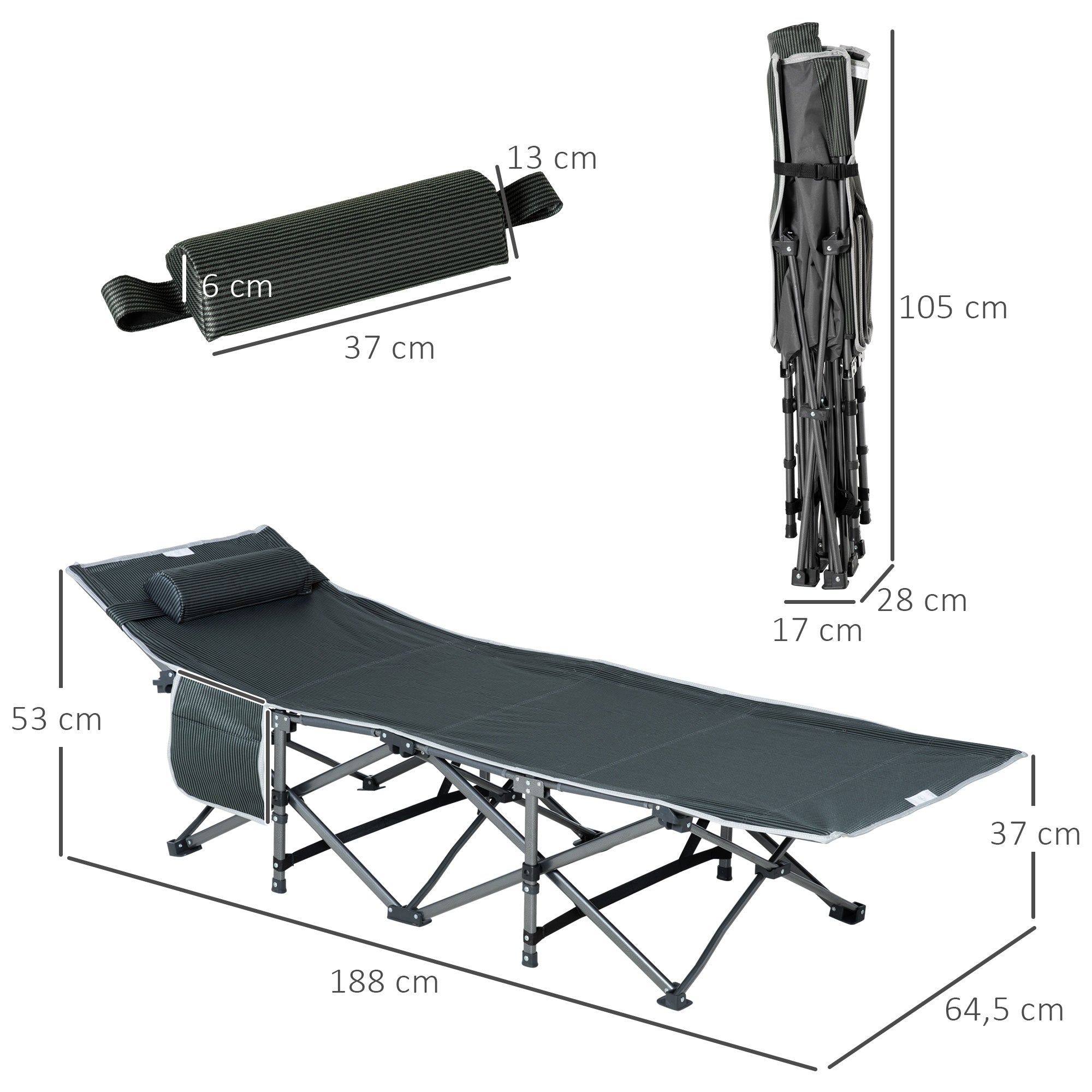 Outsunny Campingbett, klappbares Feldbett mit Kopfkissen, 188 x 64,5 x 53 cm, Grau