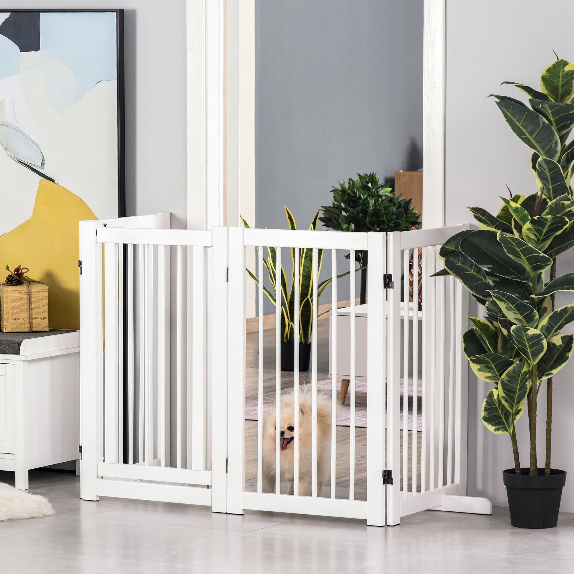 PawHut Absperrgitter Hund 4-teilig, 220 x 91 cm Faltbar Türschutzgitter mit Tür, Freistehend Hundegitter mit 2 Stützfüßen, Treppengitter aus Holz für Flur, Küche, Treppe, Weiß