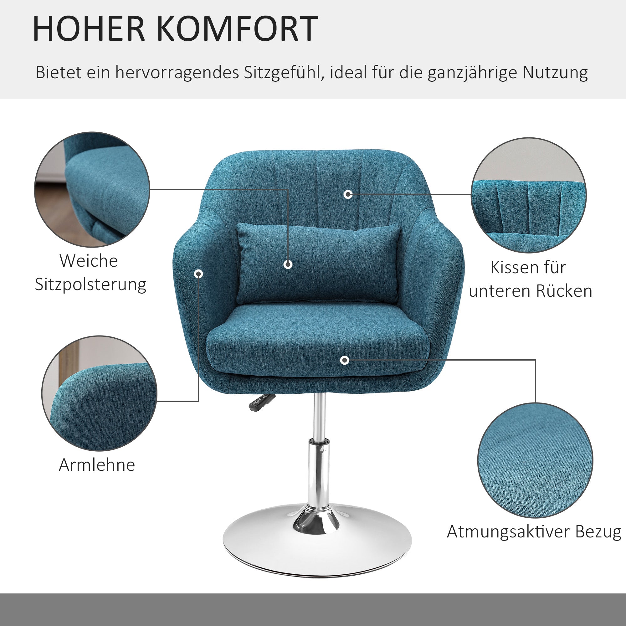 HOMCOM Drehstuhl, leinenartiges Polyester, Metall, 60 x 60 x 79-91 cm, Blau