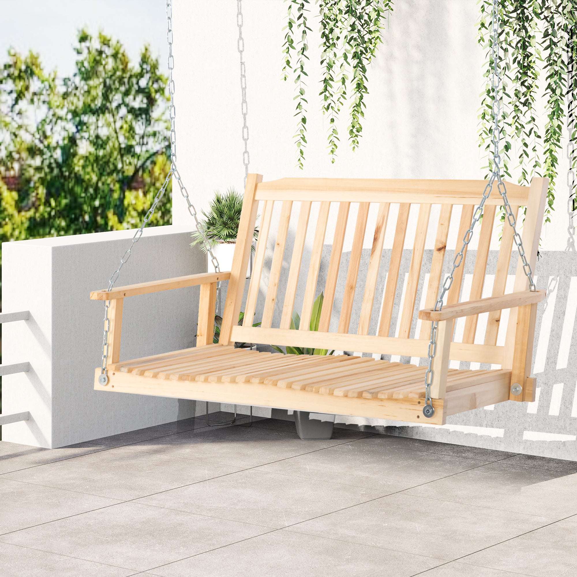 Outsunny Gartenschaukel für 2 Personen Schaukelbank Hängebank Massivholz Patio Terrasse Hinterhof Natur 117 x 69 x 60 cm