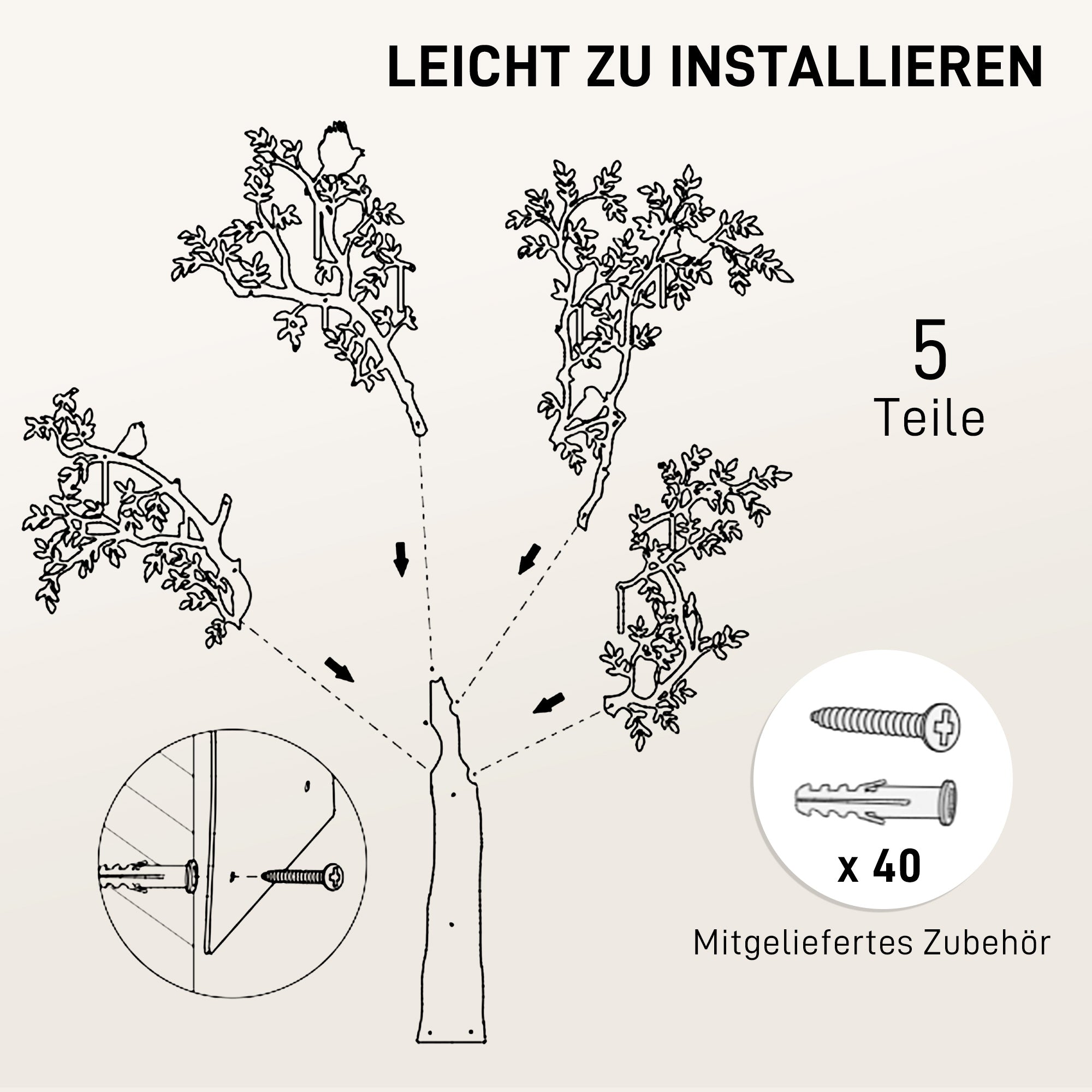 HOMCOM Wandgarderobe, Wandmontierter Mantelhaken, Baumdesign mit Vögeln, Schwarz