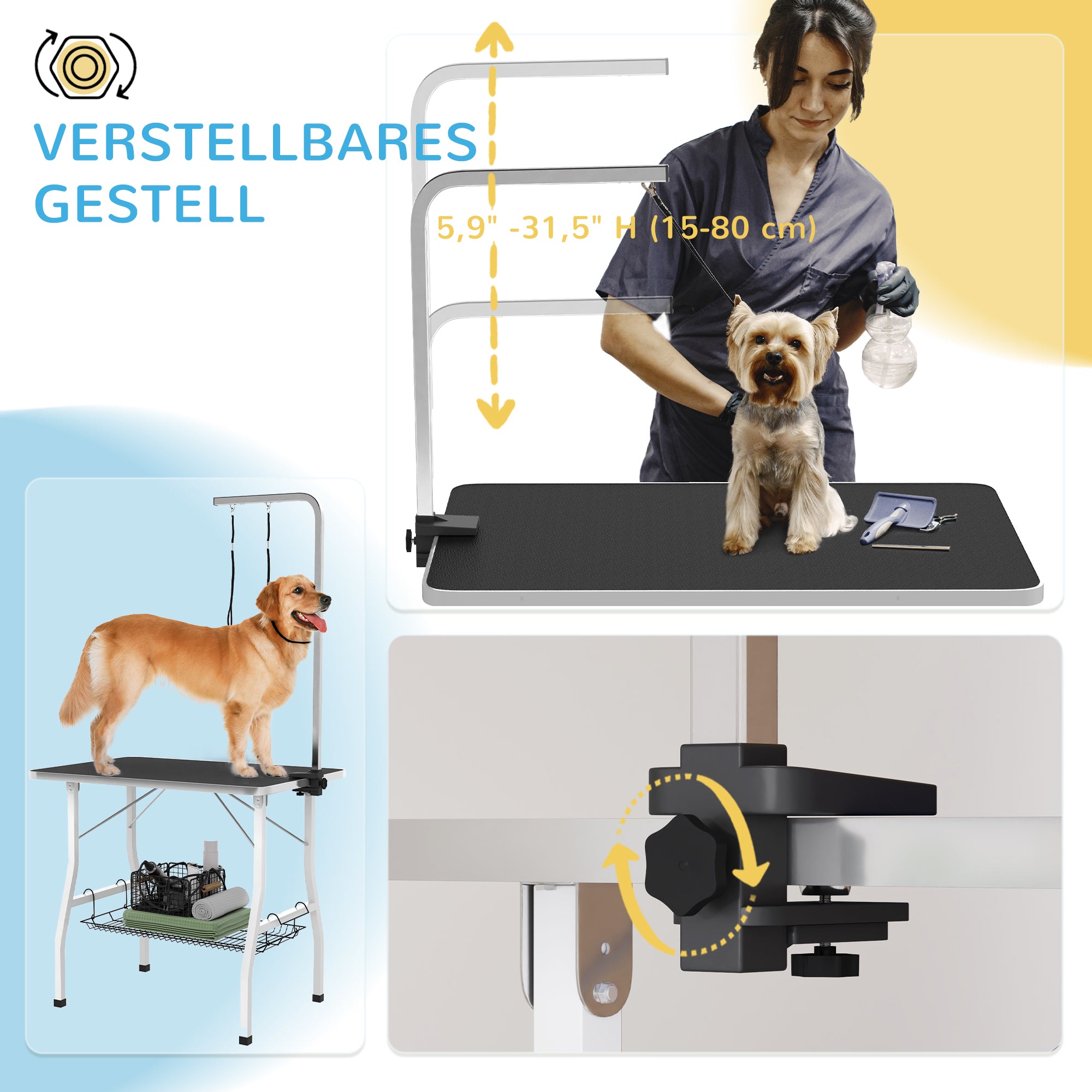 PawHut Hundepflegetisch, Frisiertisch mit einstellbarem Arm, Aufbewahrungsfach, Gummioberfläche, 90 x 60 x 76 cm, Schwarz