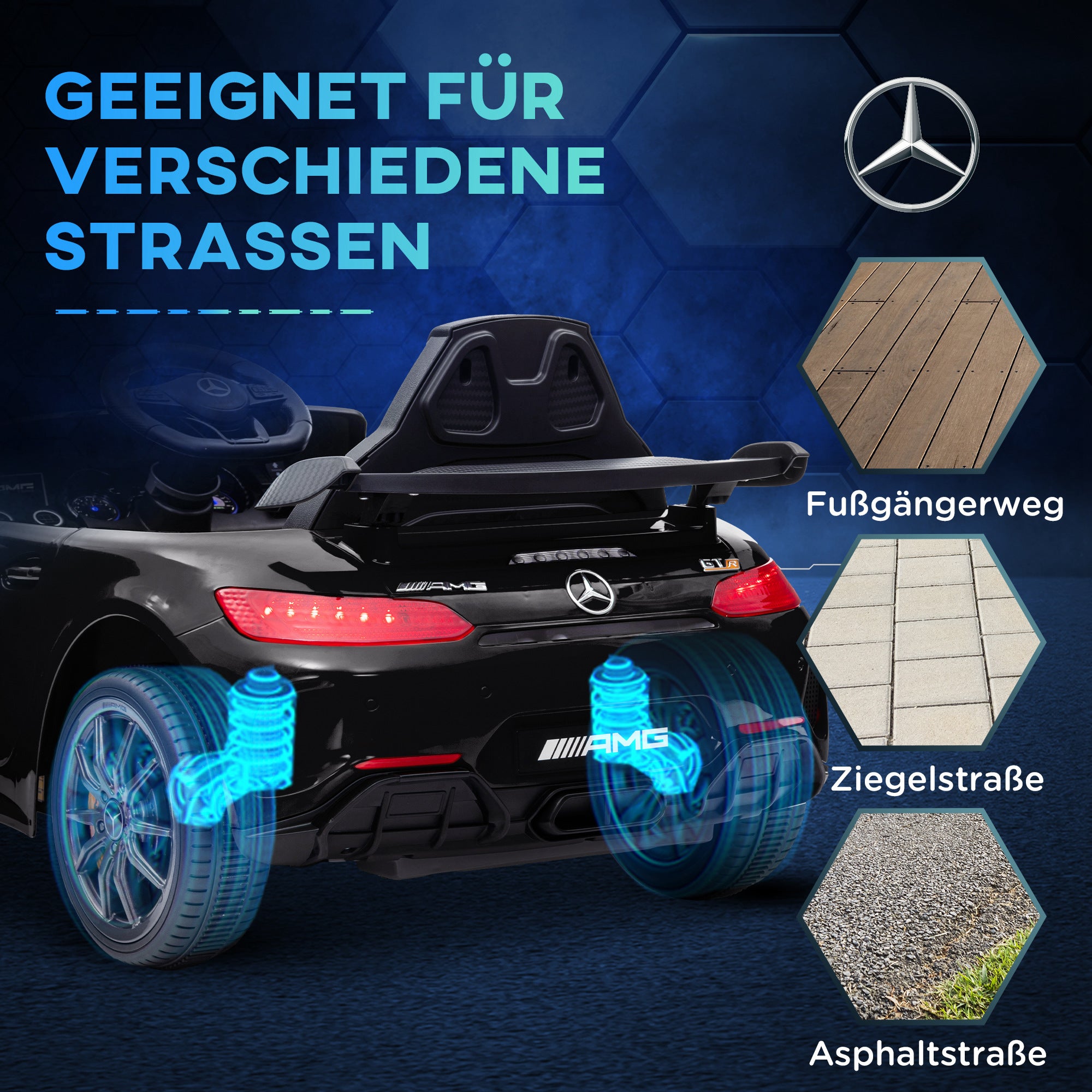 AIYAPLAY Elektro-Kinderauto, Mercedes, 3-5 km/h, Fernbedienung, Licht & Musik, Schwarz