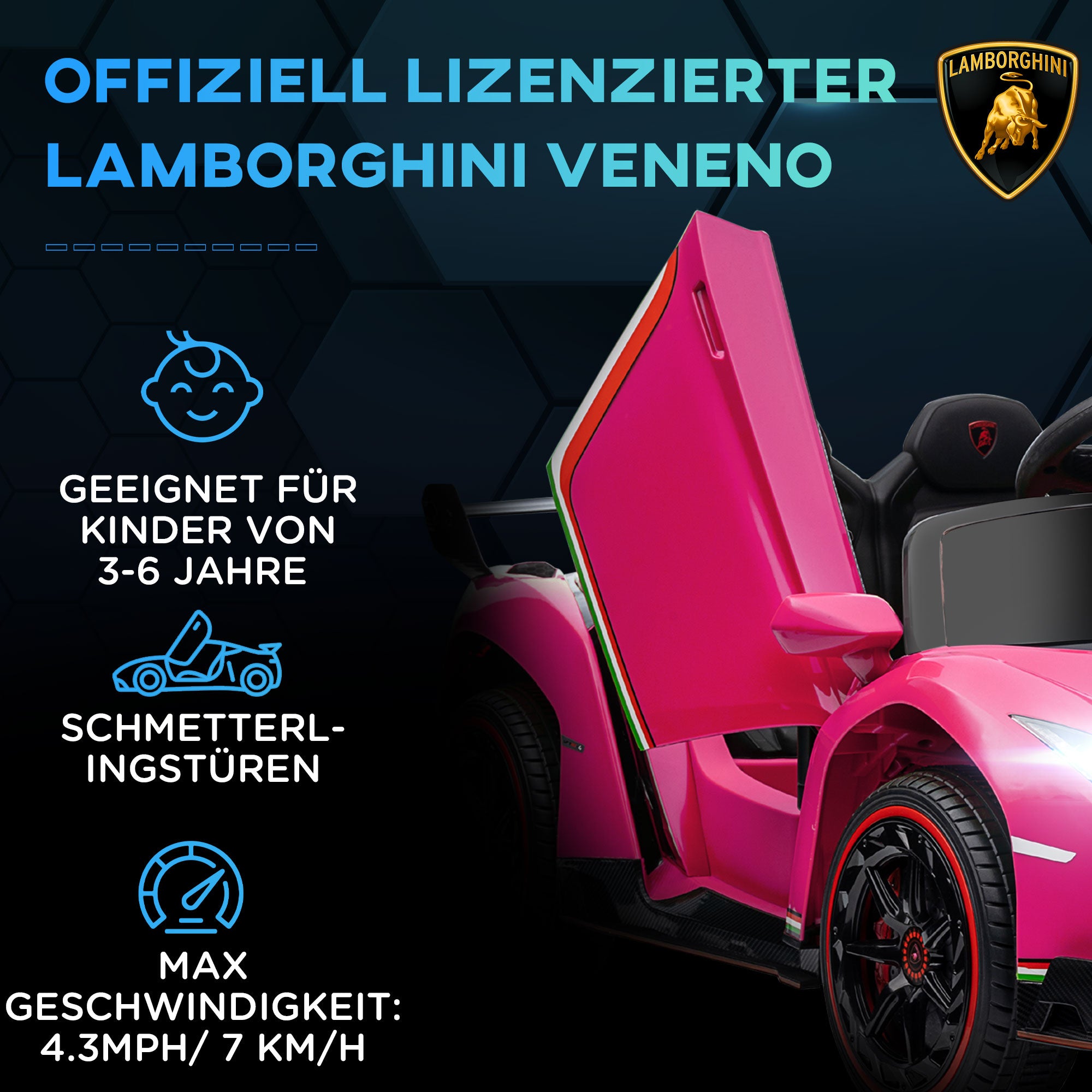 HOMCOM Elektro Kinderauto, lizenzierter Lamborghini Veneno, 3-7 km/h, Flügeltüren, Musikplayer, Fernsteuerung, pink