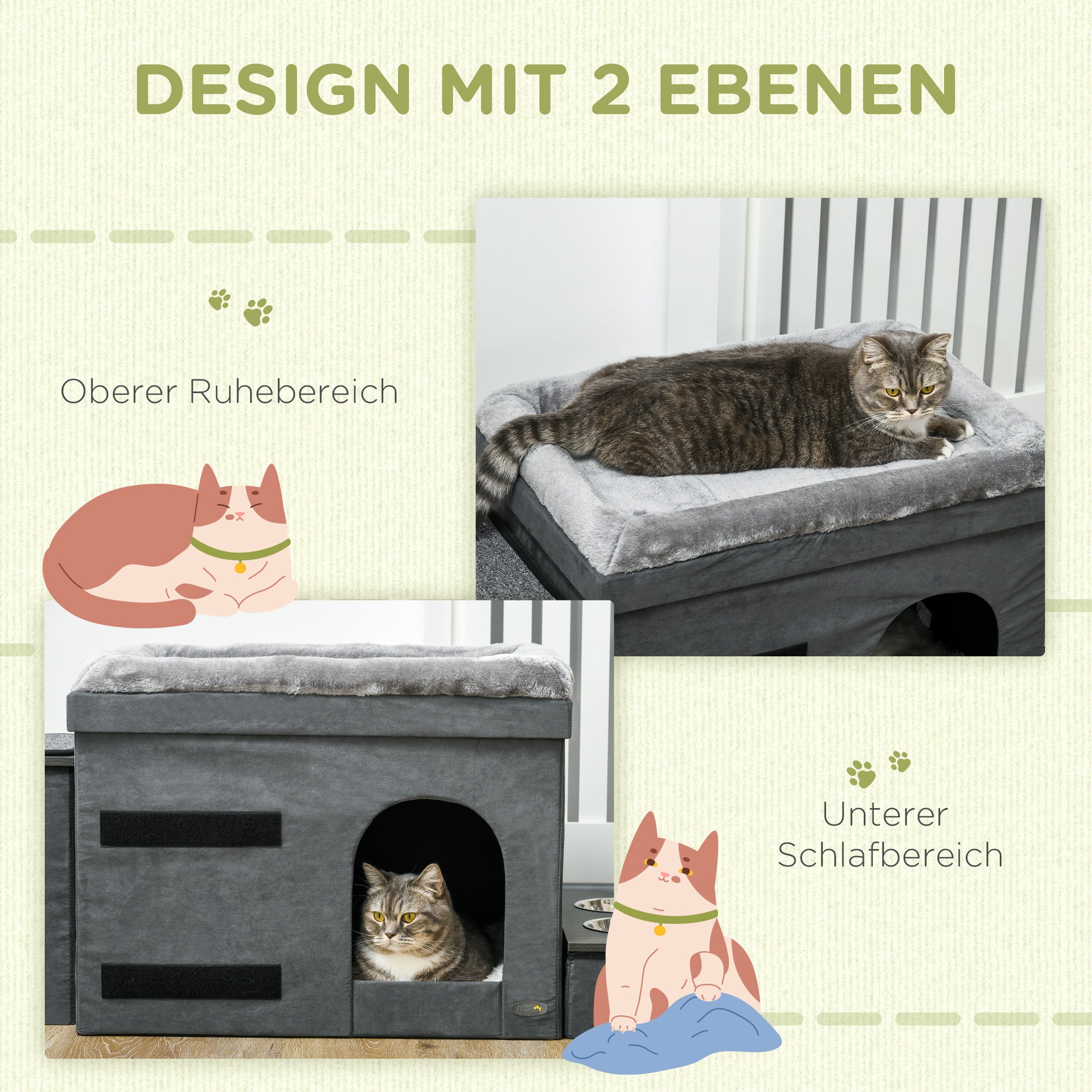 PawHut Katzenhaus Katzenhütte Katzenhöhle, 3 Haustiertreppen, 2 Fressnäpfe, 70 x 50 x 51, cm,  Grau