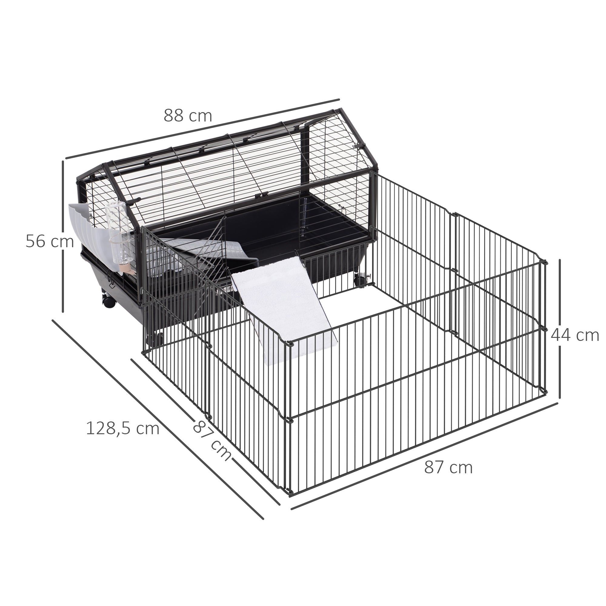 Pawhut Kleintierkäfig mit Freigehege inkl. Zubehör 88 cm x 128,5 cm x 56 cm  4 Rollen Schwarz Metall Polypropylen
