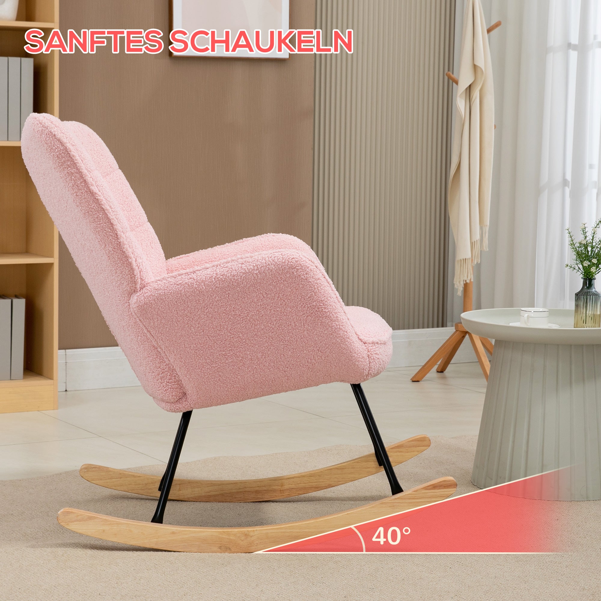 HOMCOM Schaukelstuhl im Retro-Design, Massivholz, Sessel, Relaxsessel, 98 cm x  71 cm x 101 cm, Rosa