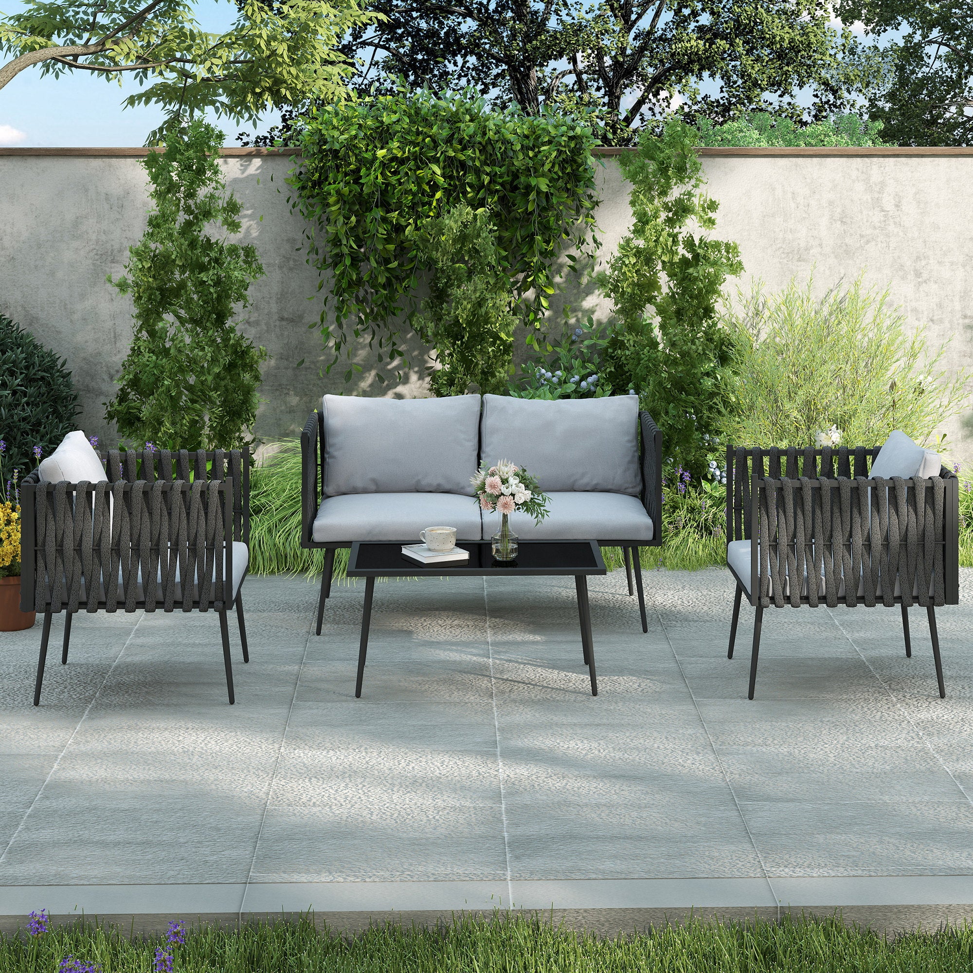 Outsunny Gartenmöbel Set 4 Personen wetterfest Balkonmöbel-Set mit 2er Sofa, Sessel Glastisch Sitzkissen Hellgrau