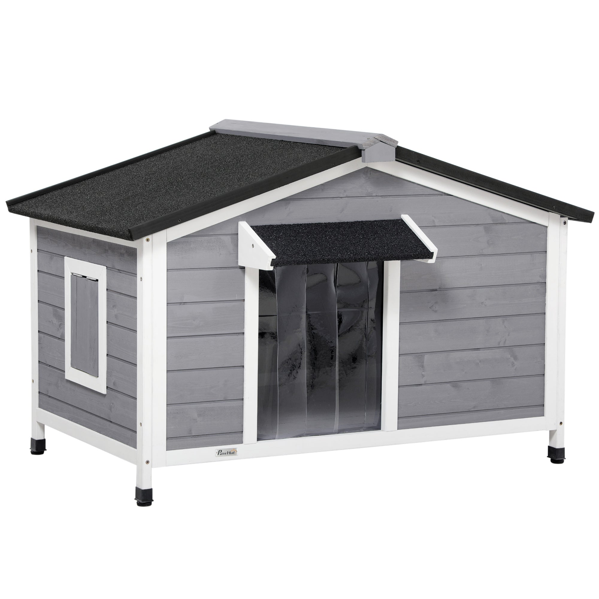 PawHut Hundehütte aus Massivholz, wetterbeständig, Asphaltdach, abnehmbarer Boden, 109 cm x 79 cm x 72 cm, Grau + Weiß