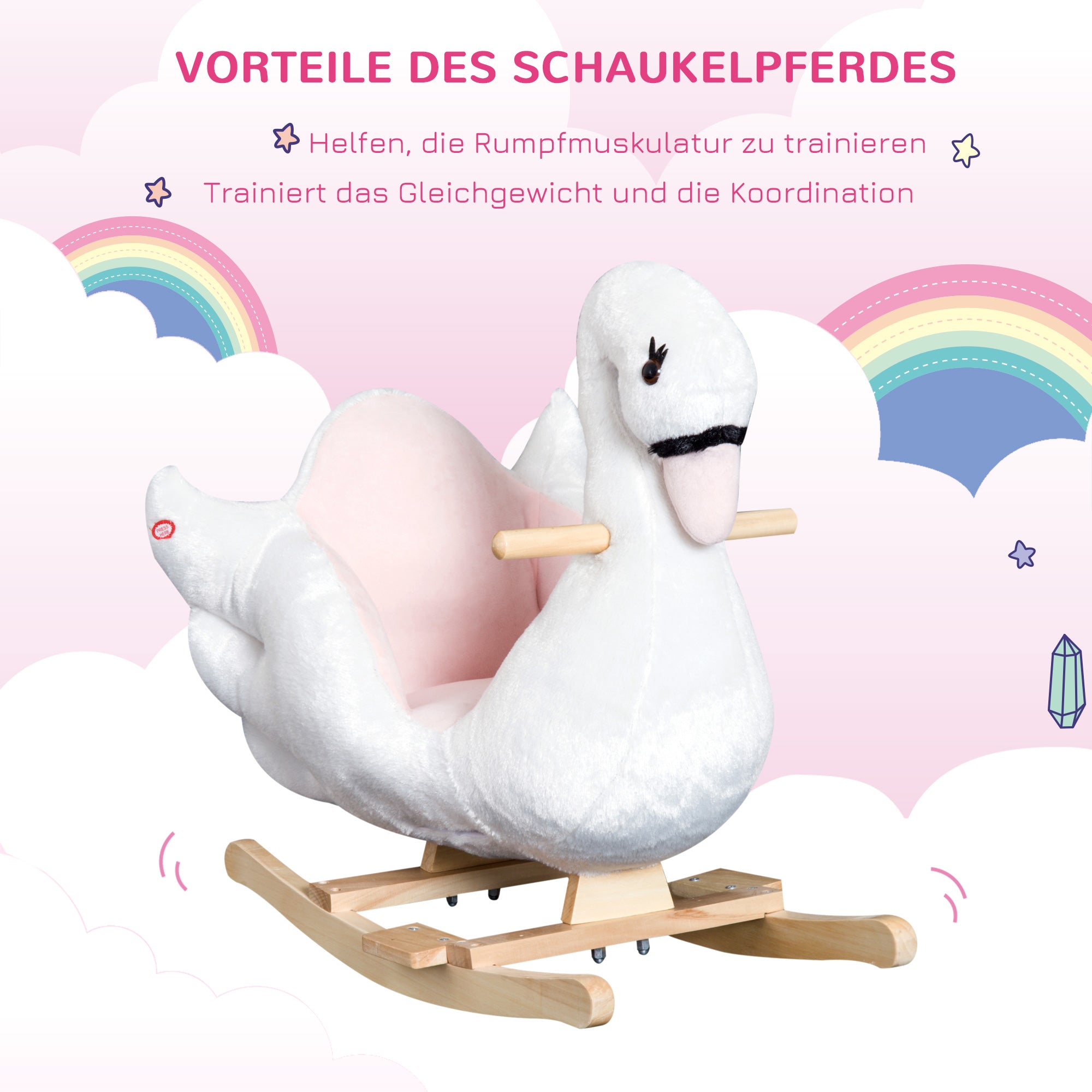 HOMCOM Schaukeltier Schaukelpferd mit Sicherheitsgurt Musik, 55 cm Baby Schaukel aus weichem Plüsch Schaukelspielzeug Spielzeug Wippe für Baby Kinder Kleinkinder ab 18 Monate Holz