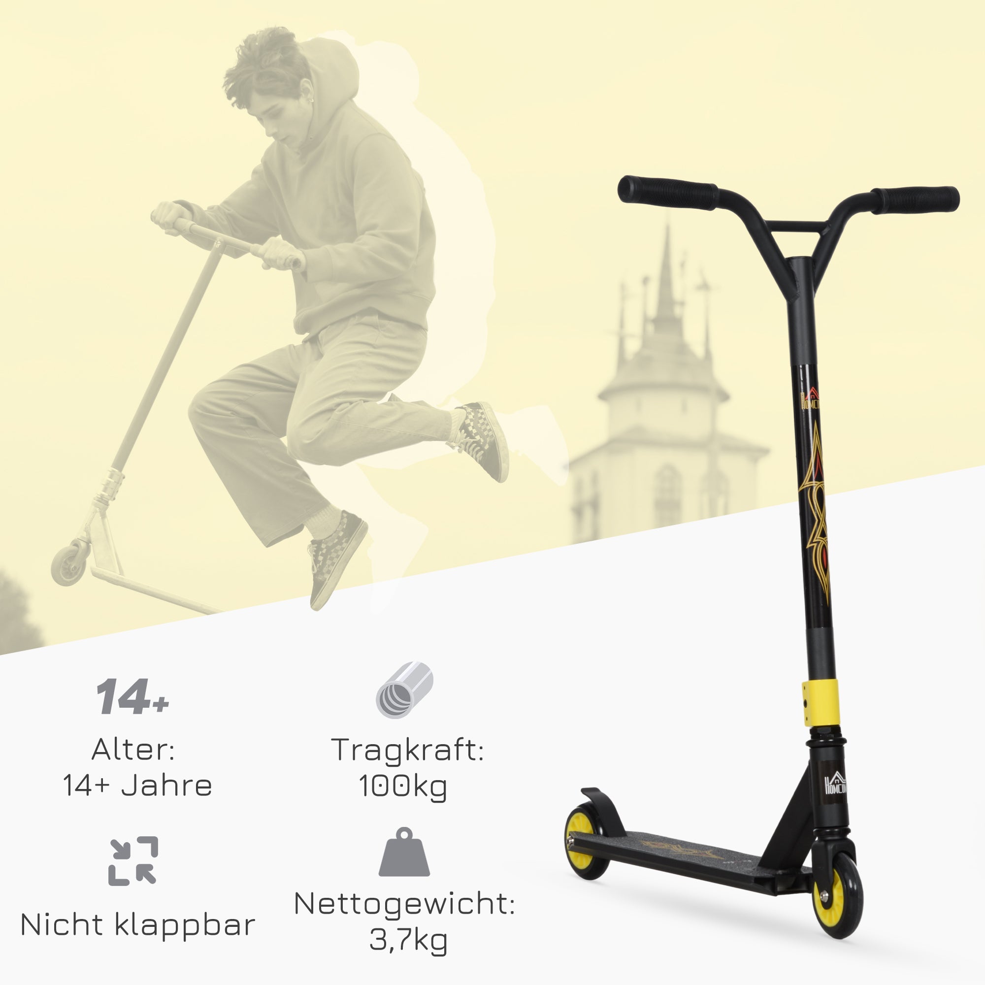 HOMCOM Pro Stunt-Scooter, Tretroller für Freestyle Tricks, Aluminium, Metall, Kunstleder, für Kinder und Erwachsene, Gold