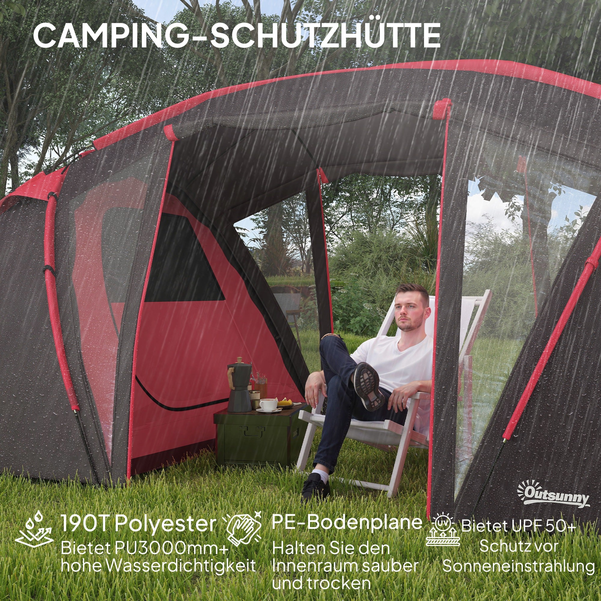 Outsunny Tunnelzelt, Campingzelt für 4-6 Personen, mit 3 Räumen, Lichthaken Doppeltüren Grau