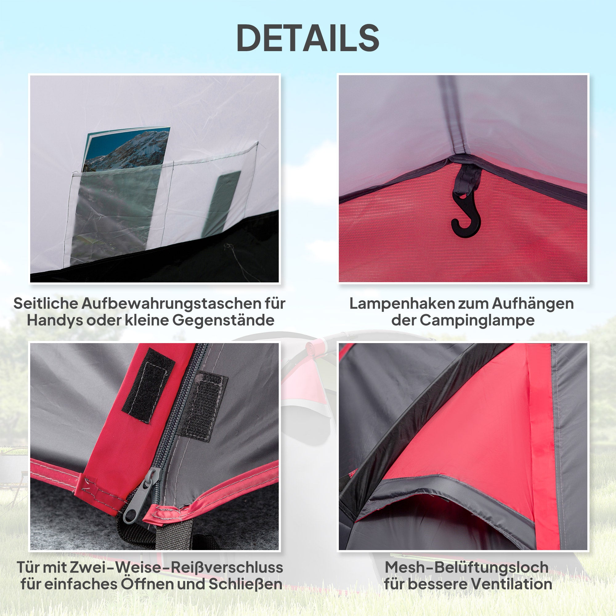 Outsunny Campingzelt, Wurfzelt für 2-3 Personen, Vorraum & Schlafbereich, wasserdicht, 426 x 206 x 154 cm, Grau