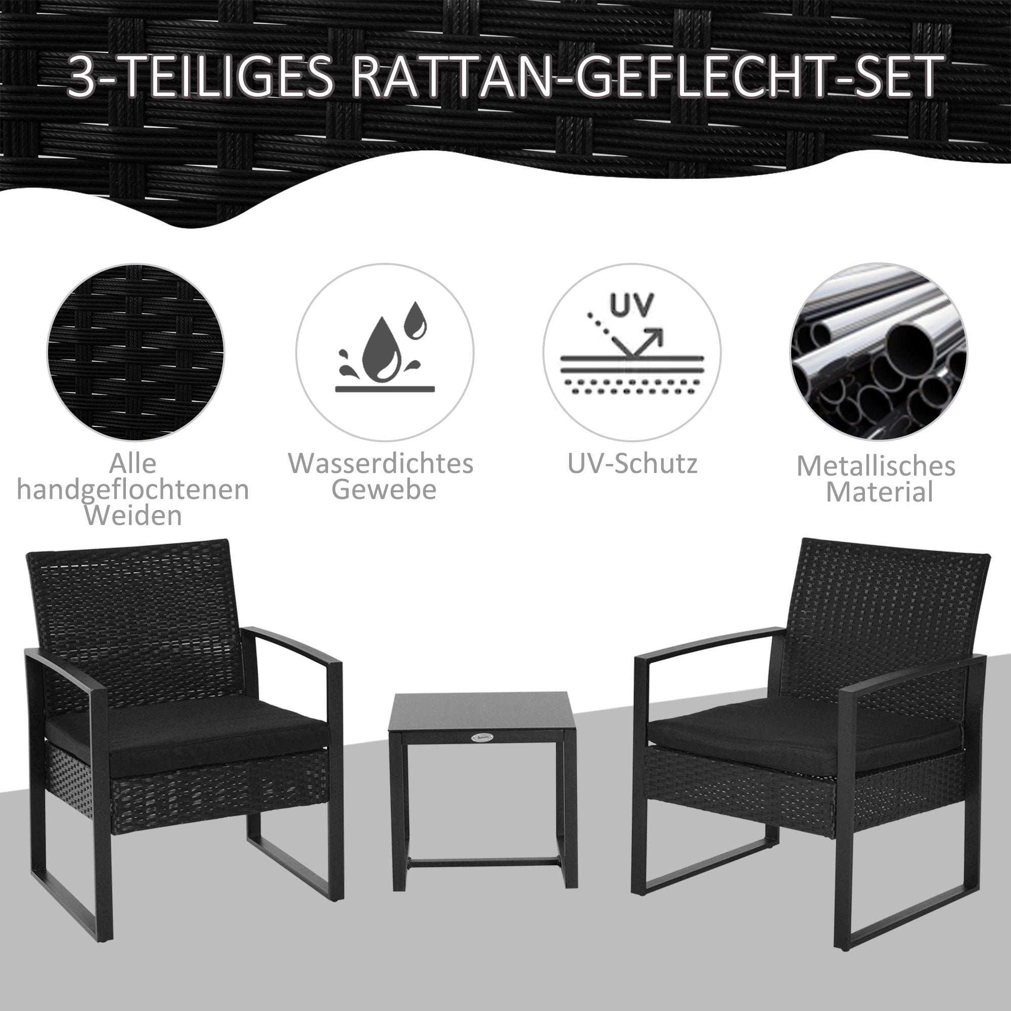 Outsunny Polyrattan Gartenset für 2 Personen Balkonmöbel Set mit Kissen Schwarz