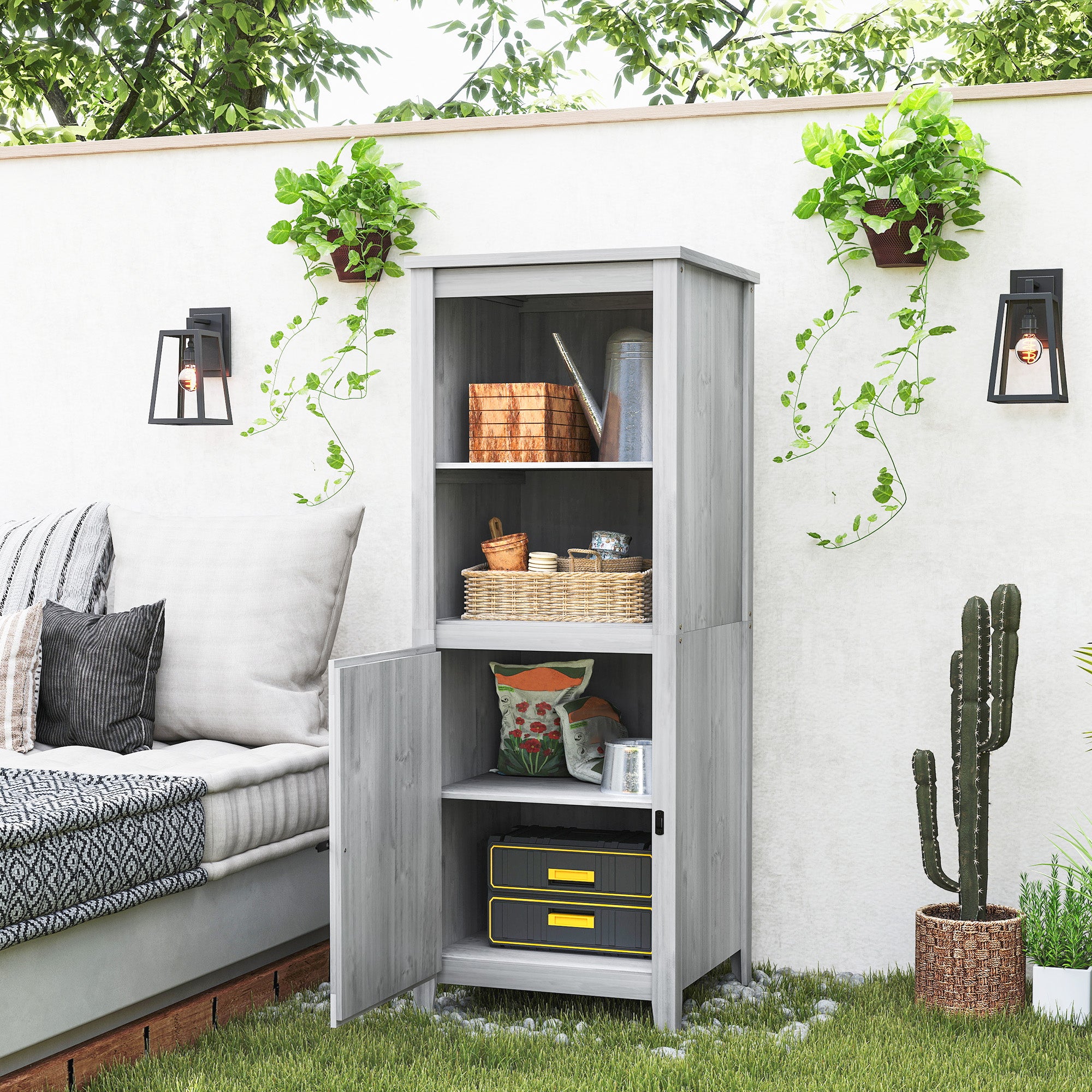 Outsunny Gartenschuppen mit Scheunentür, verstellbare Regale, schlankes Design, Tannenholz, Hellgrau