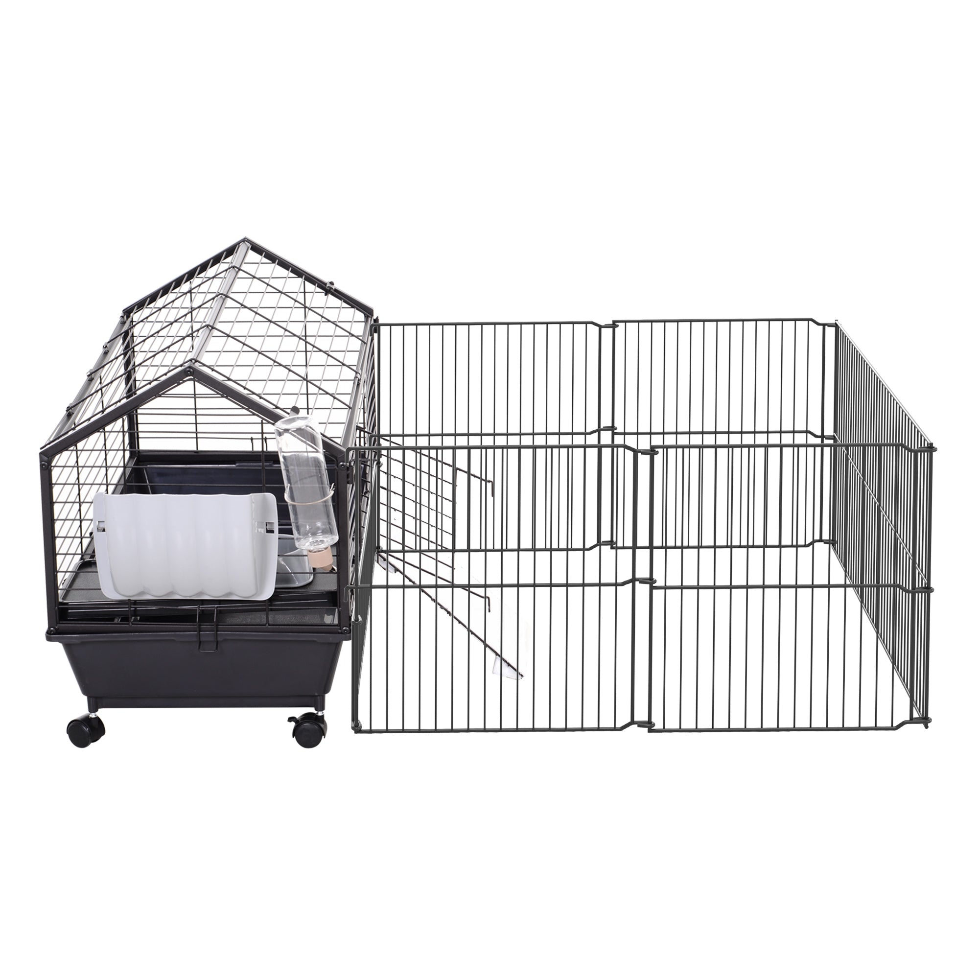Pawhut Kleintierkäfig mit Freigehege inkl. Zubehör 88 cm x 128,5 cm x 56 cm  4 Rollen Schwarz Metall Polypropylen