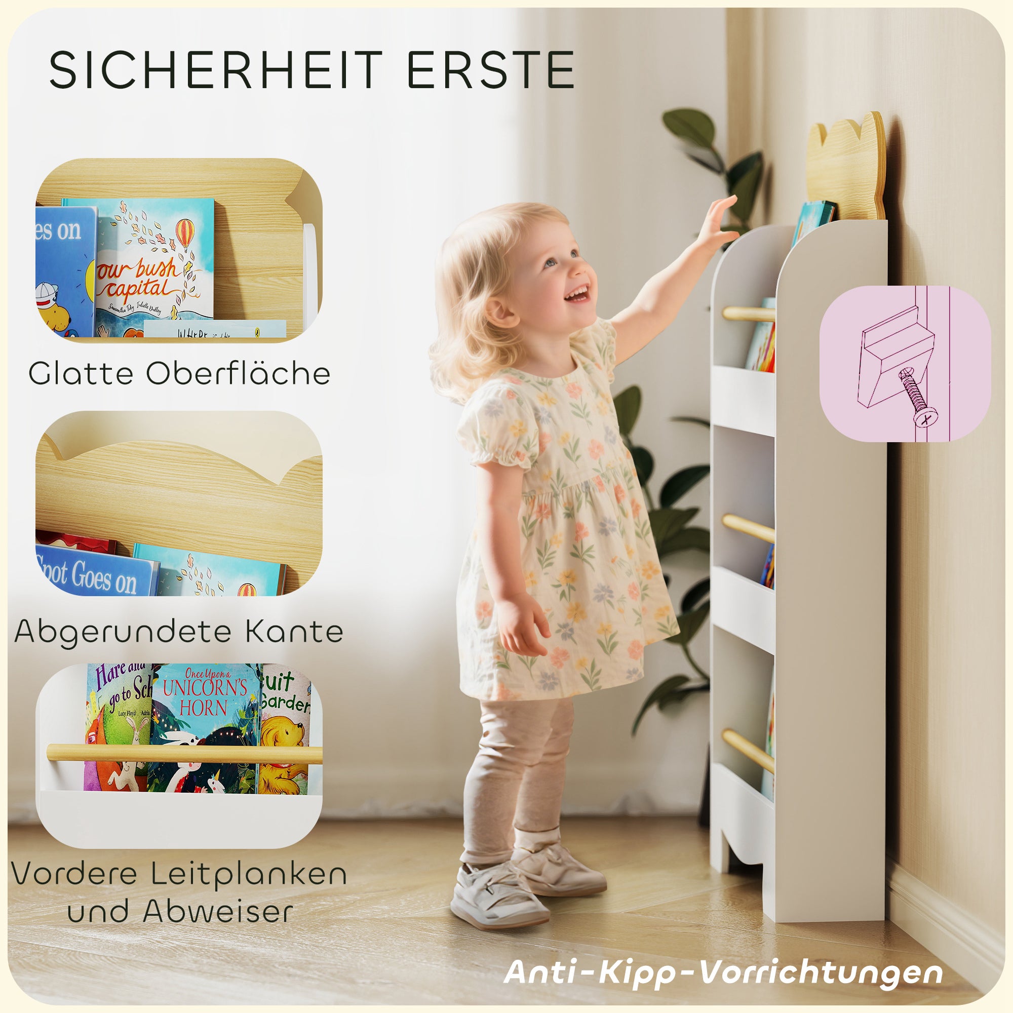 AIYAPLAY Bücherregal für Kinder Kinderregal mit 3 Ablagen Aufbewahrungsregal aus Holz 55x15x110cm Weiß